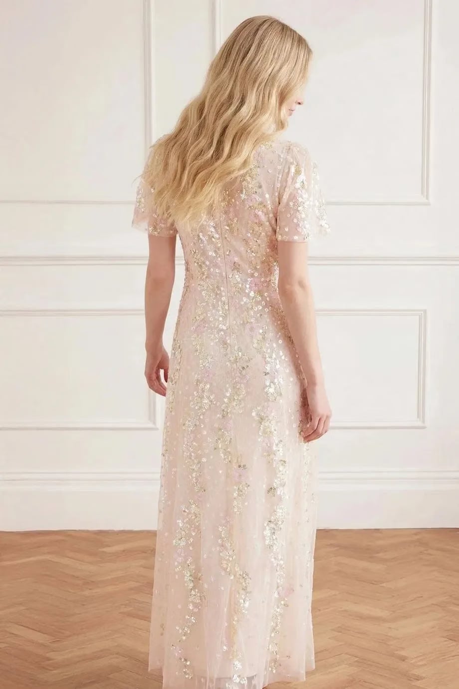 Needle & Thread Confetti Sequins Evening Dress in Cream
