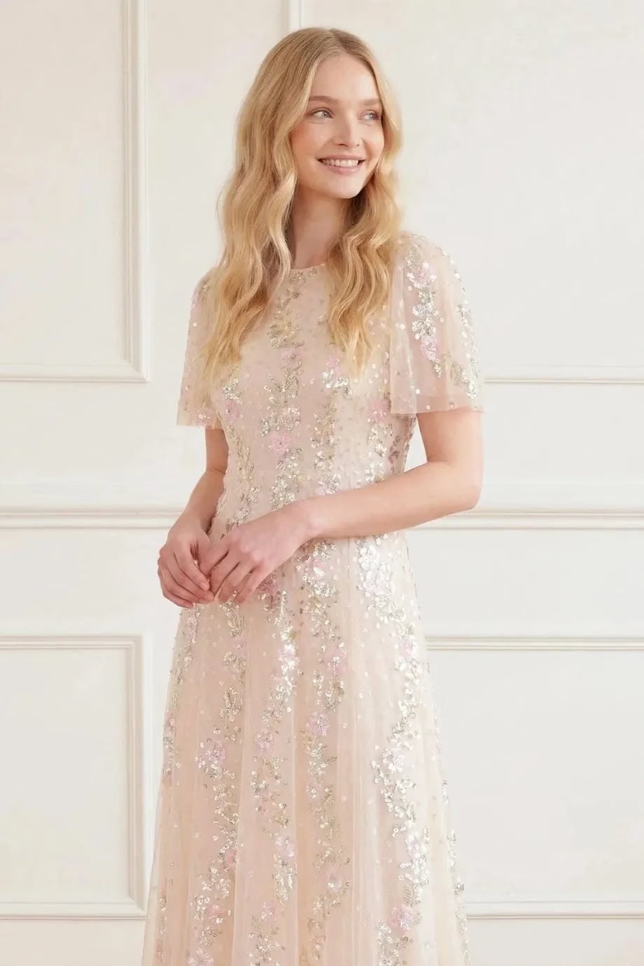 Needle & Thread Confetti Sequins Evening Dress in Cream
