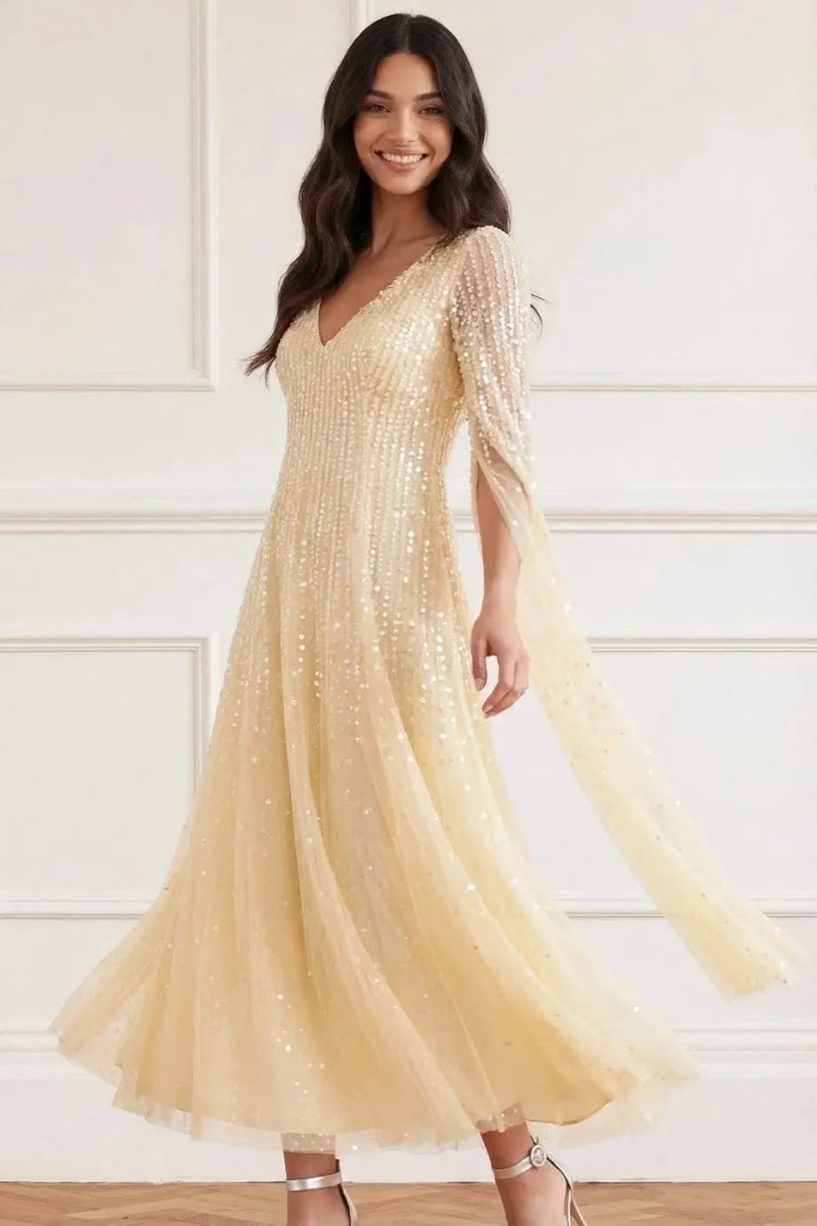 Needle & Thread Moonlight Sequins Cape Sleeves Evening Dress in Yellow