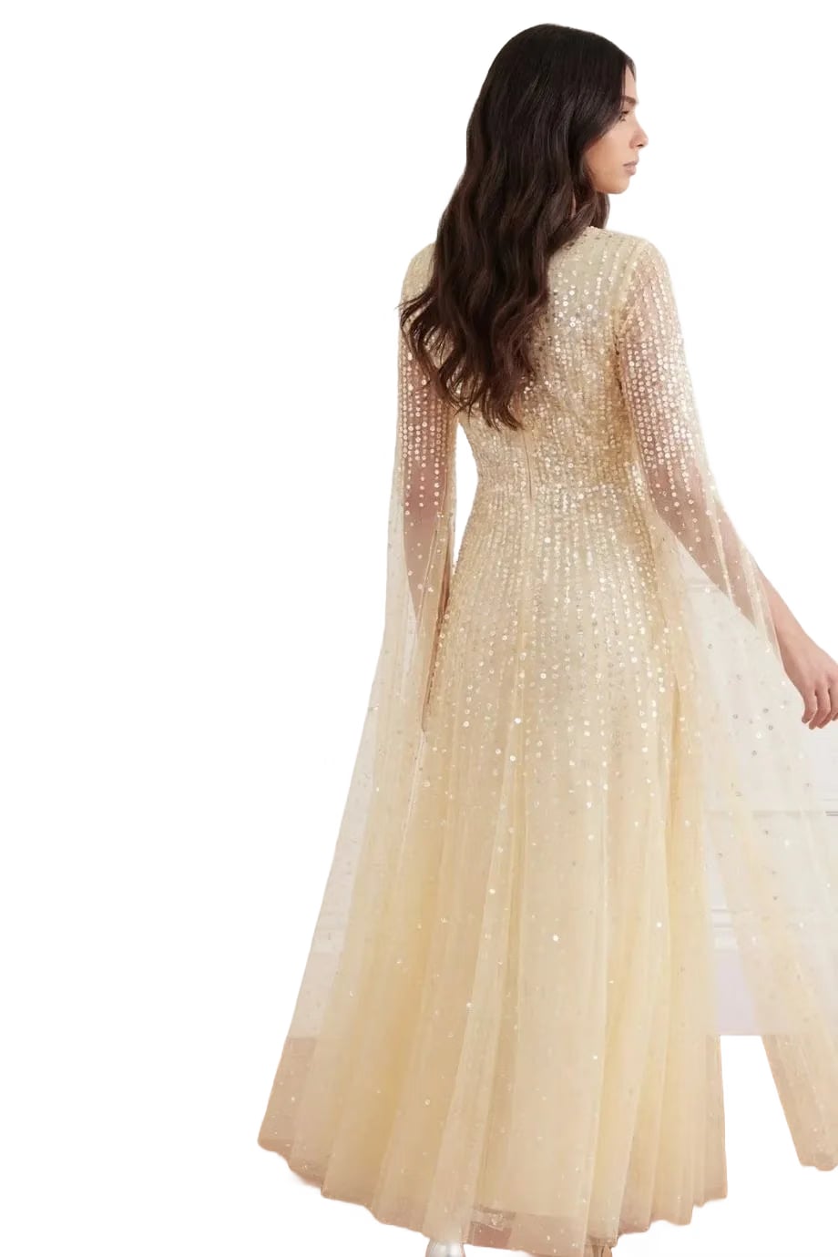 Needle & Thread Moonlight Sequins Cape Sleeves Evening Dress in Yellow