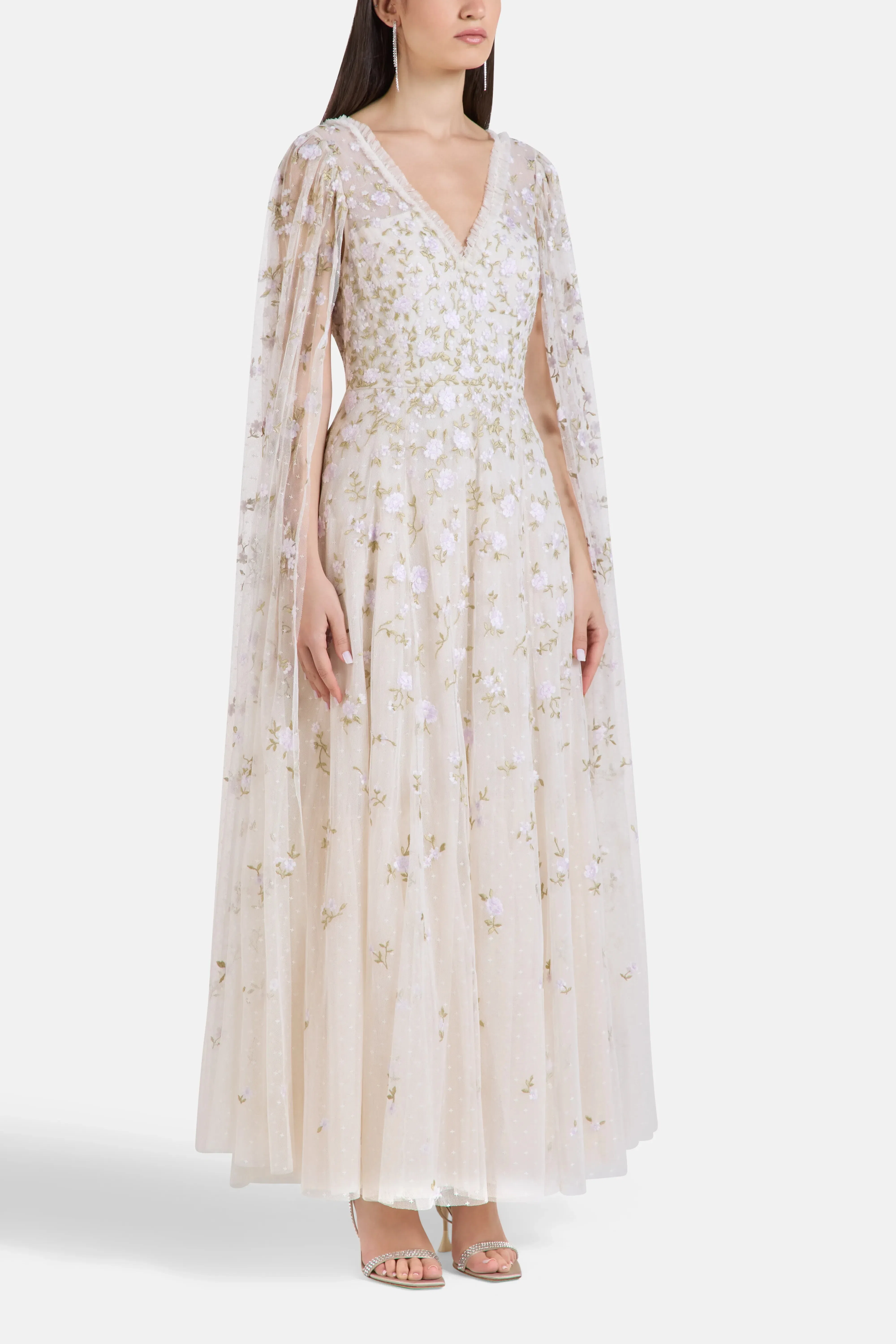 Needle & Thread Lea Ditsy Floral Cape Sleeves Evening Dress in Cream