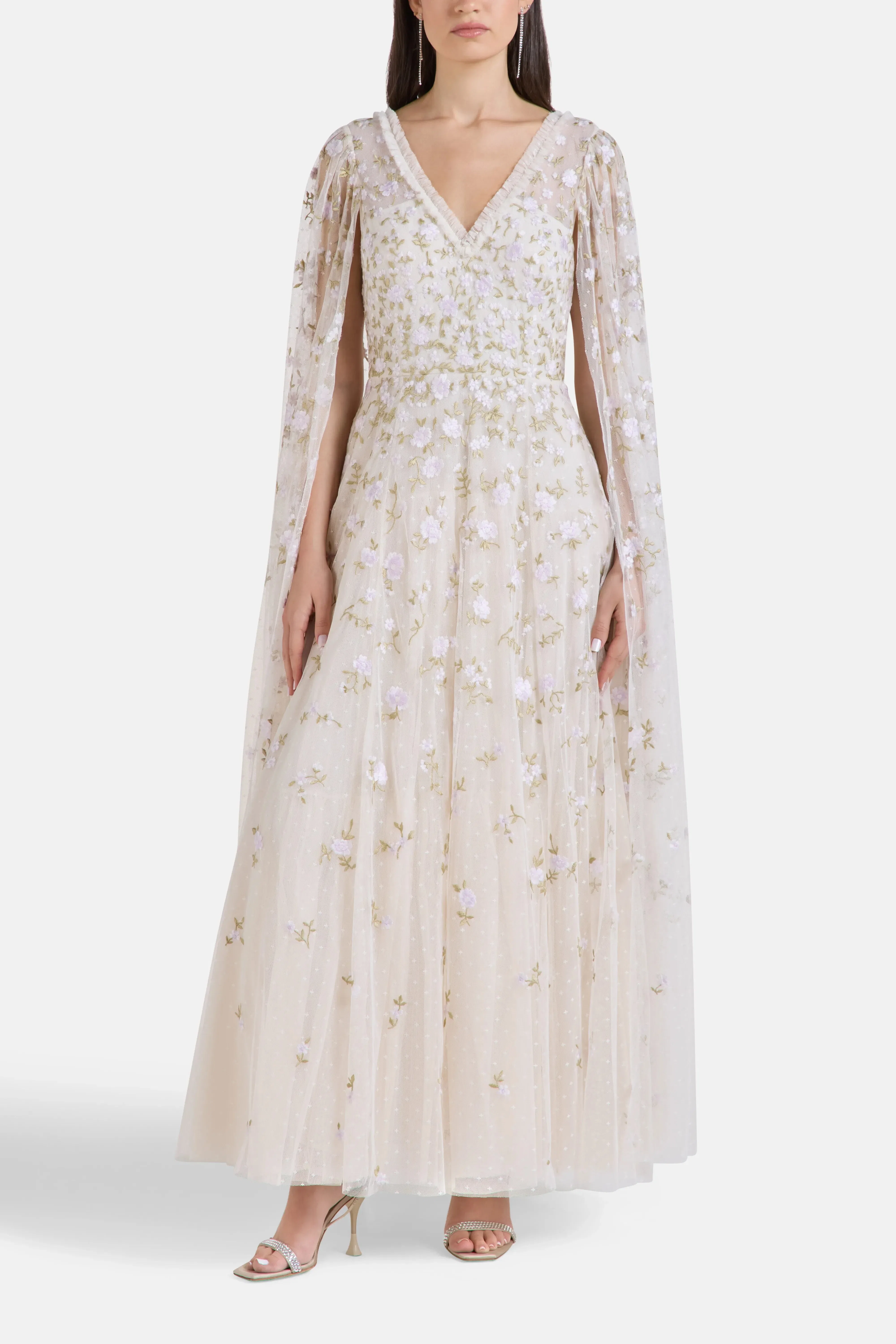 Needle & Thread Lea Ditsy Floral Cape Sleeves Evening Dress in Cream