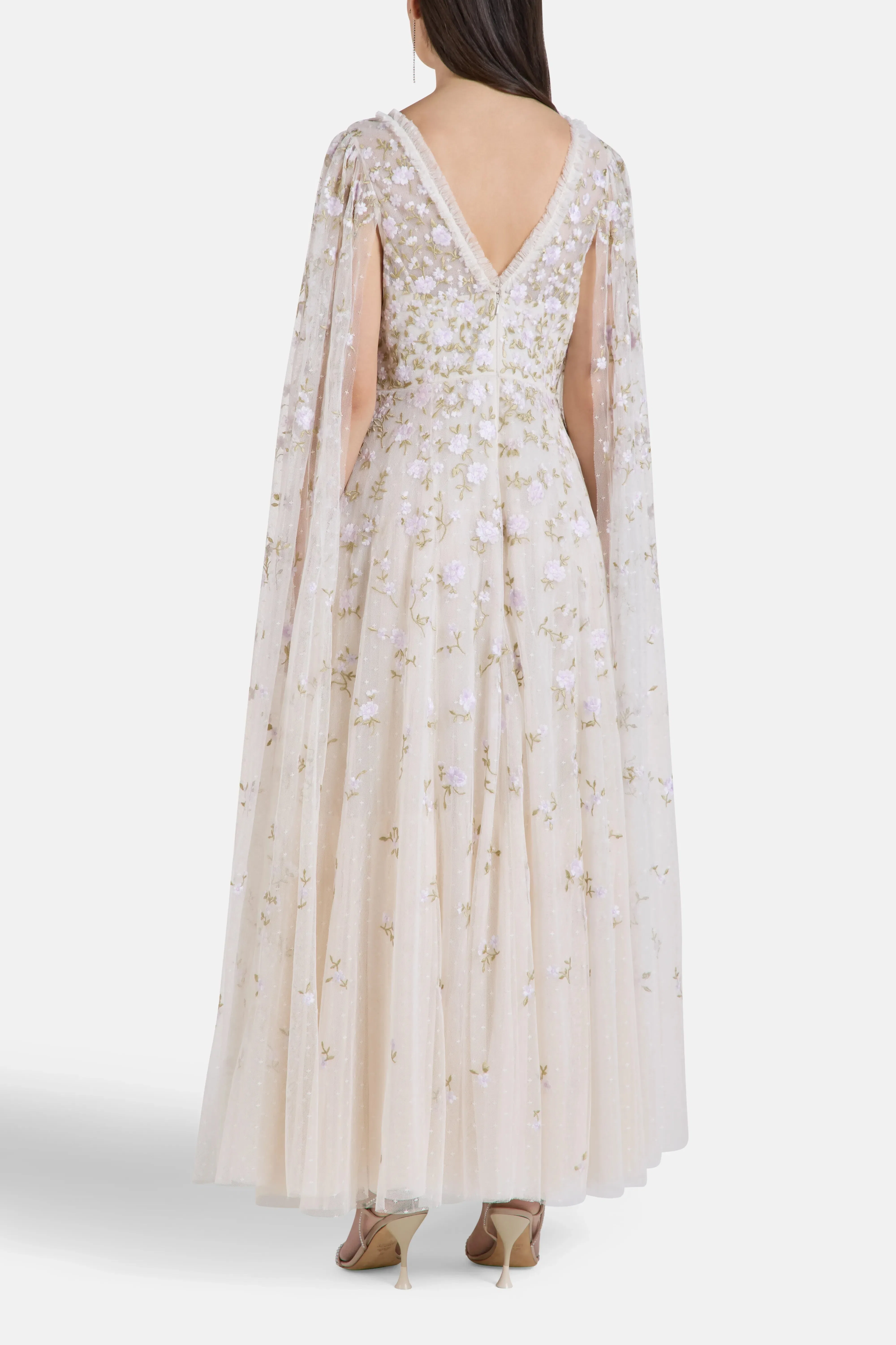Needle & Thread Lea Ditsy Floral Cape Sleeves Evening Dress in Cream