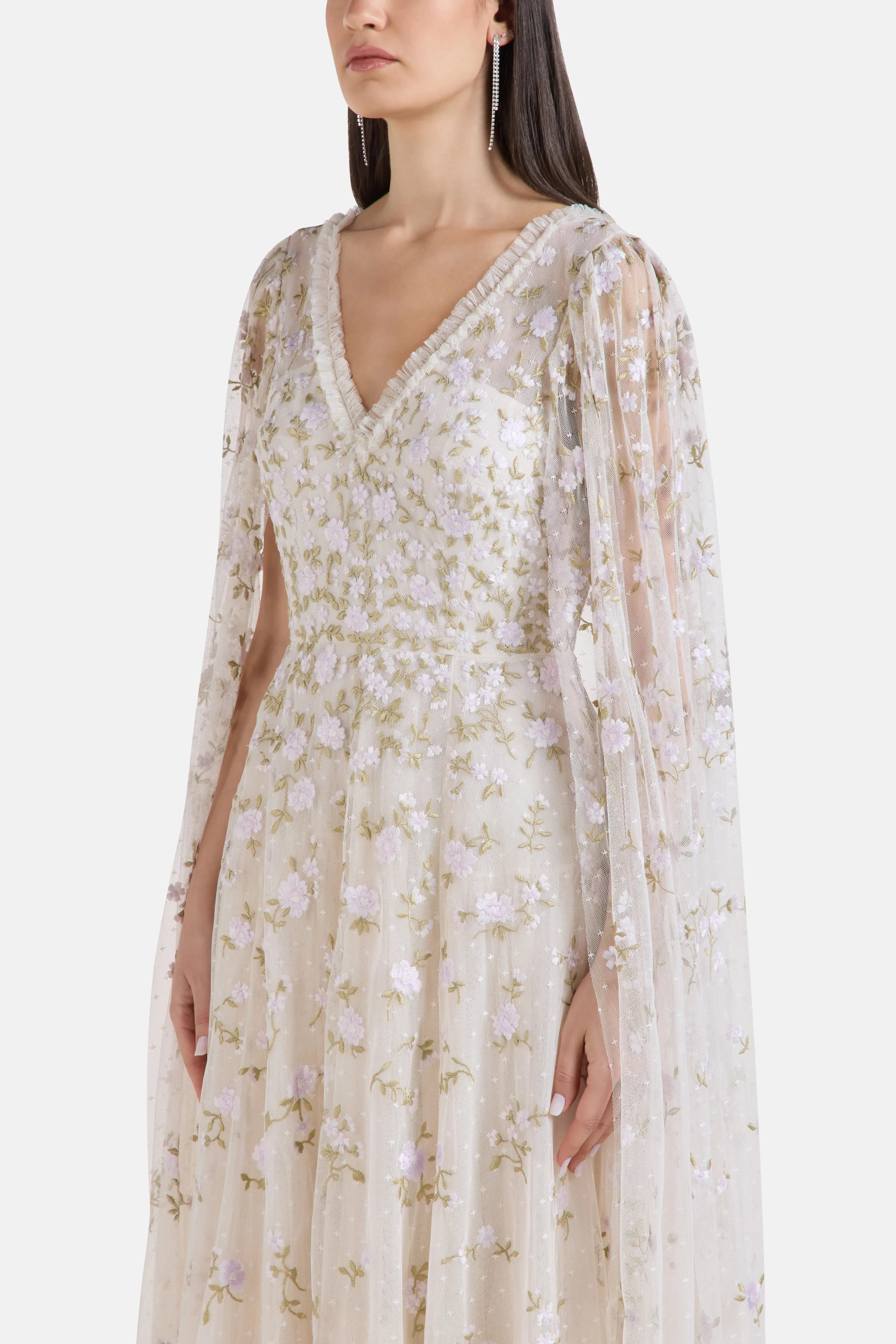 Needle & Thread Lea Ditsy Floral Cape Sleeves Evening Dress in Cream