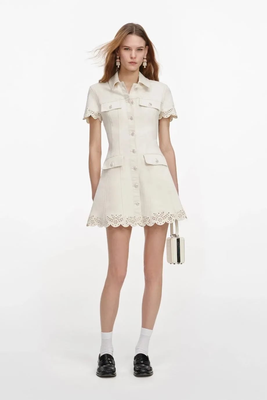 Self-Portrait Broderie Denim Cotton Mini Dress in Cream