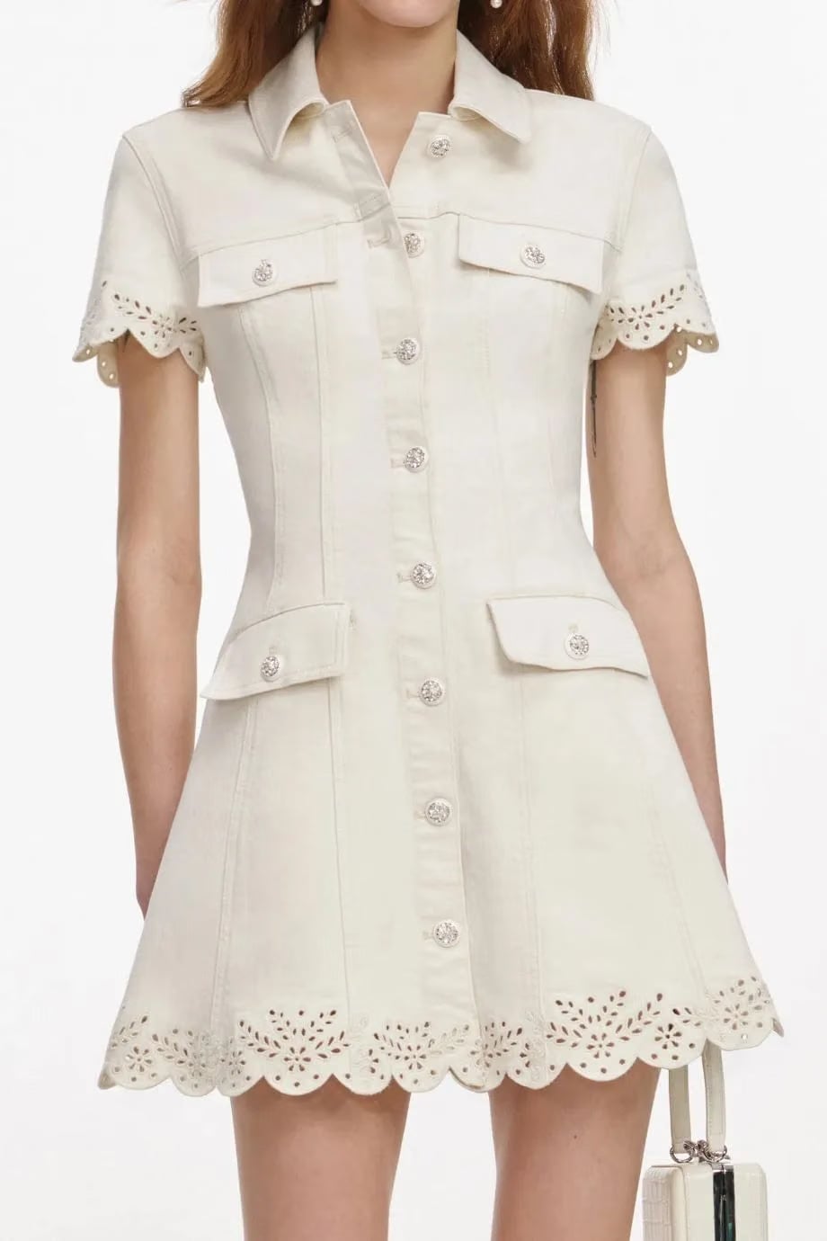 Self-Portrait Broderie Denim Cotton Mini Dress in Cream