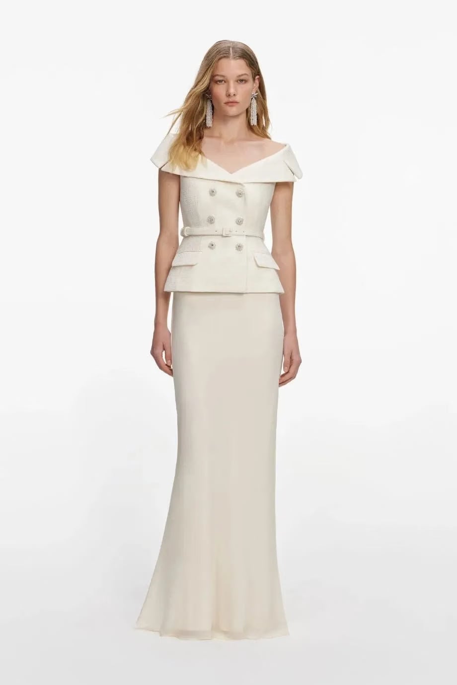Self-Portrait Boucle Belted Maxi Dress in Cream