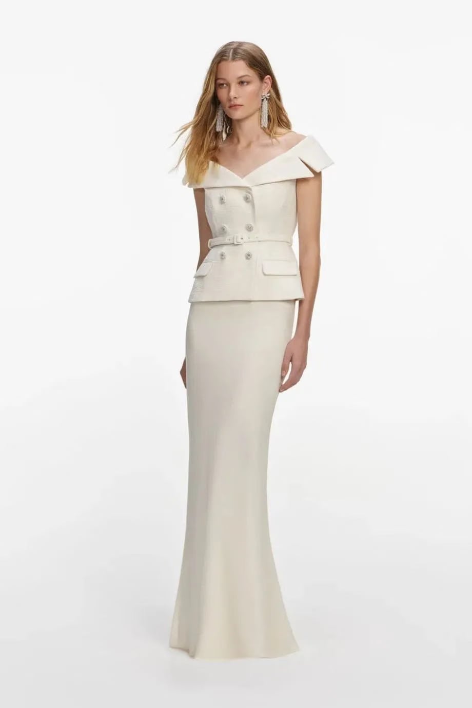 Self-Portrait Boucle Belted Maxi Dress in Cream