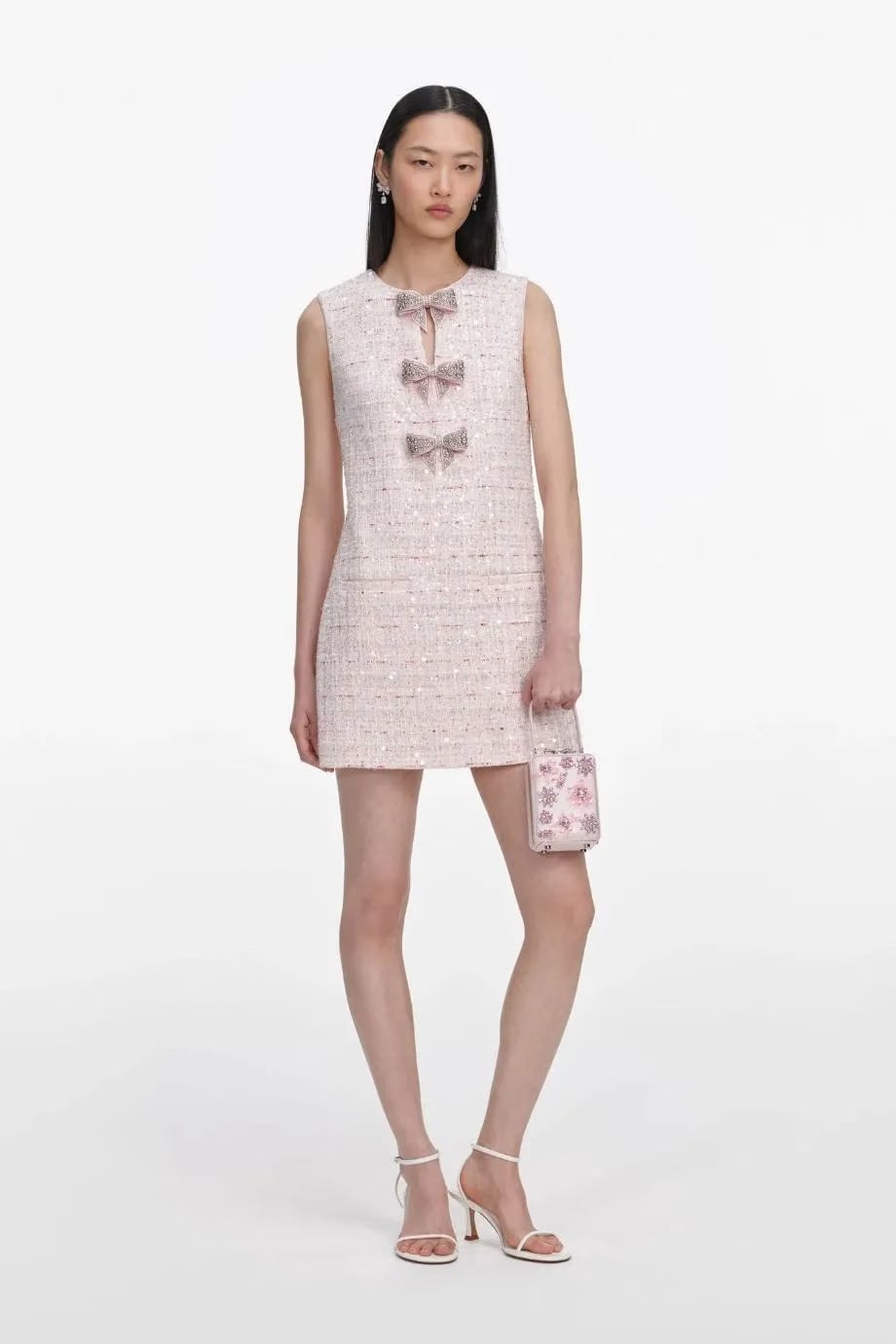 Self-Portrait Sleeveless Sequin Boucle Bow Mini Dress in Pink