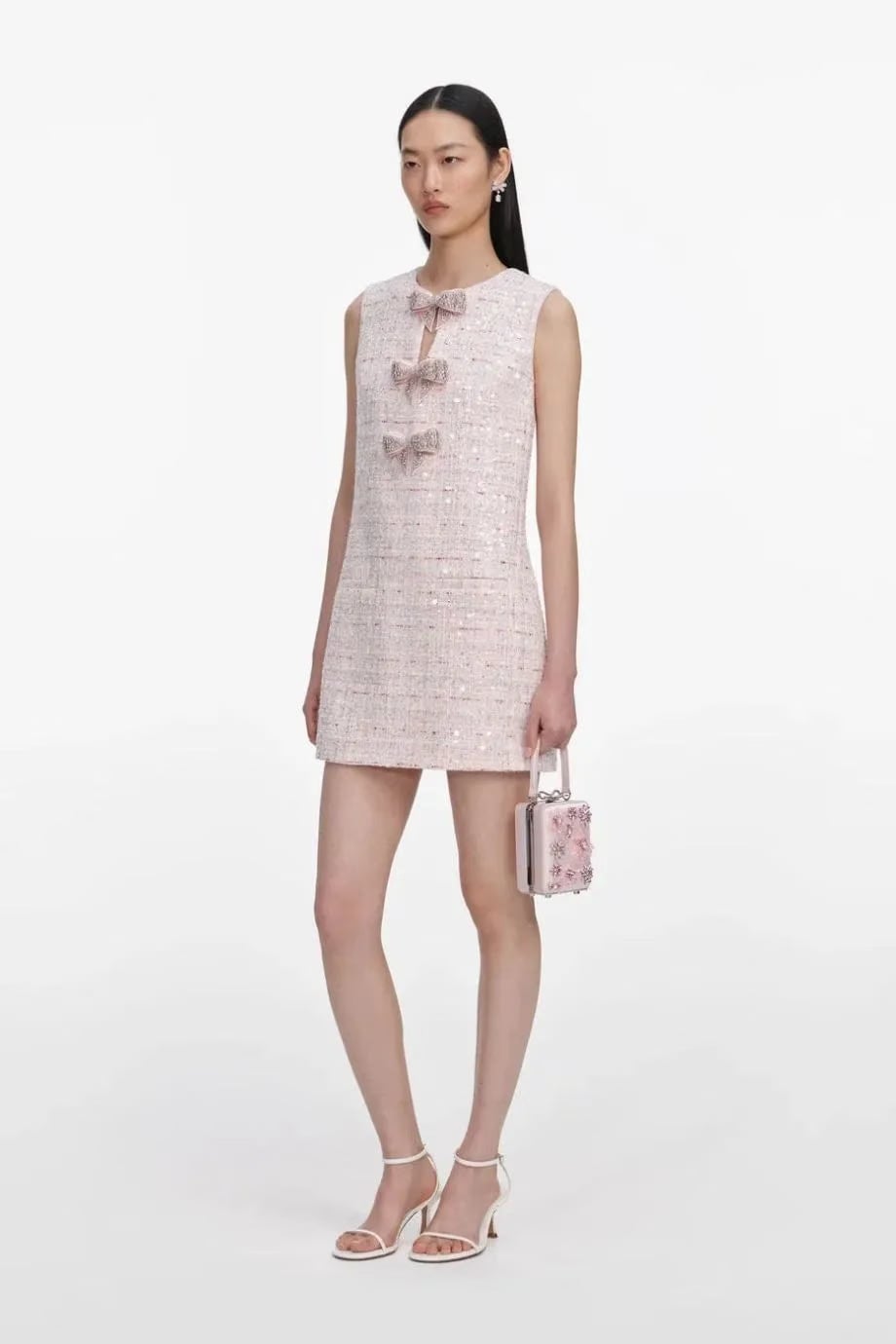 Self-Portrait Sleeveless Sequin Boucle Bow Mini Dress in Pink