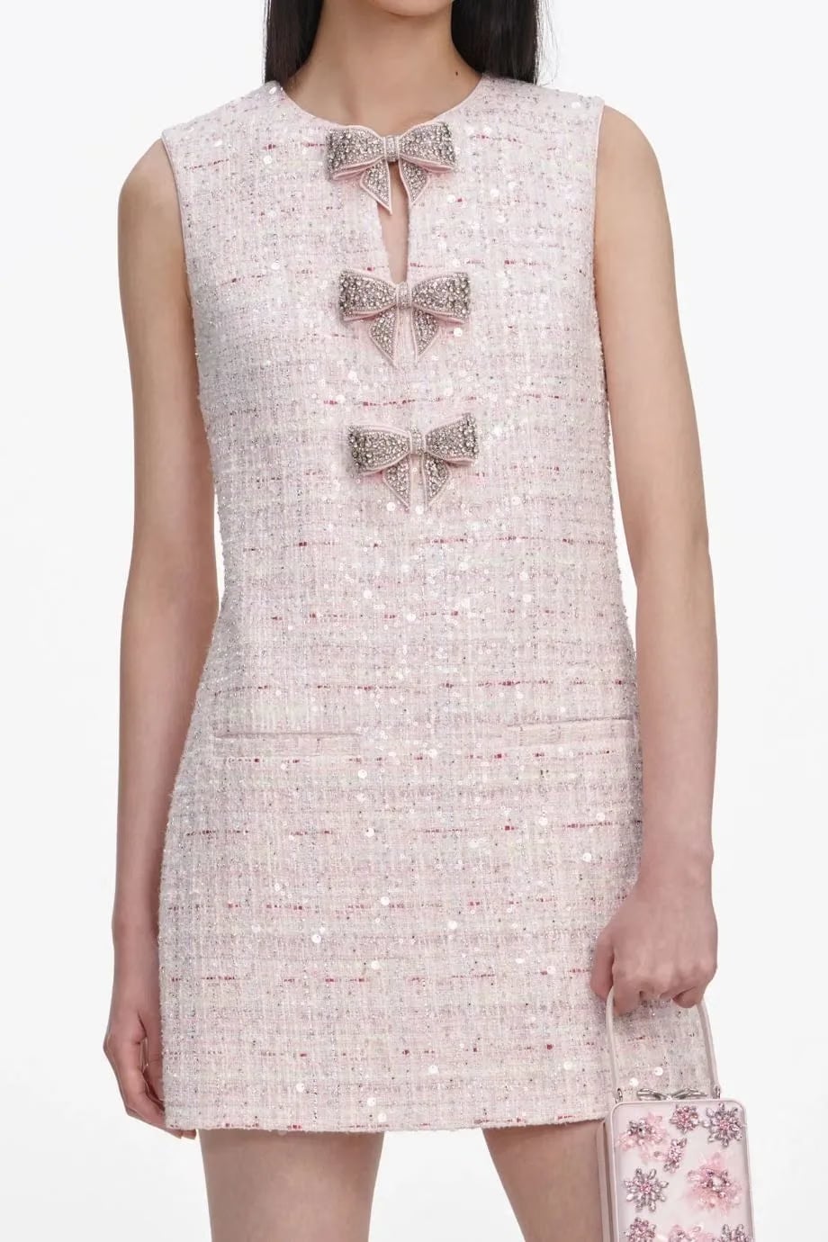 Self-Portrait Sleeveless Sequin Boucle Bow Mini Dress in Pink