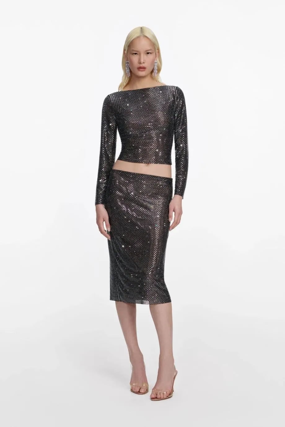 Self-Portrait Gunmetal Rhinestone Midi Skirt in Black