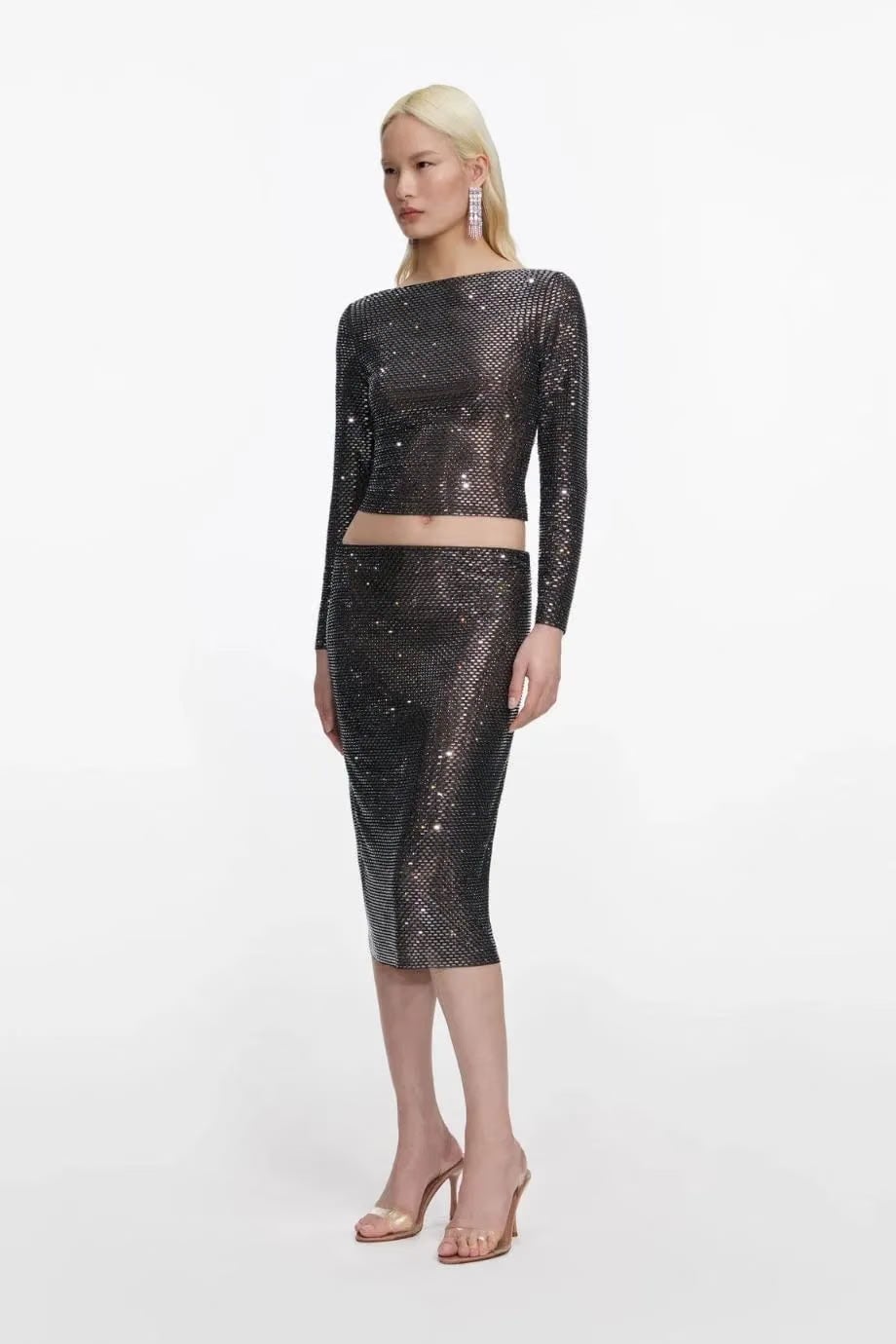 Self-Portrait Gunmetal Rhinestone Midi Skirt in Black