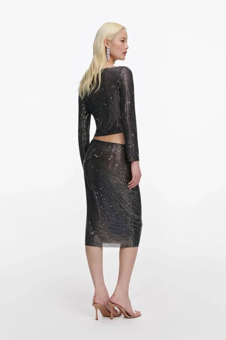 Self-Portrait Gunmetal Rhinestone Midi Skirt in Black
