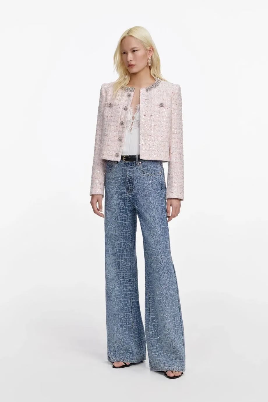 Self-Portrait Sequin Boucle Cropped Jacket in Pink