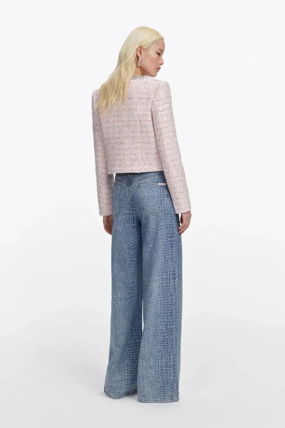 Self-Portrait Sequin Boucle Cropped Jacket in Pink