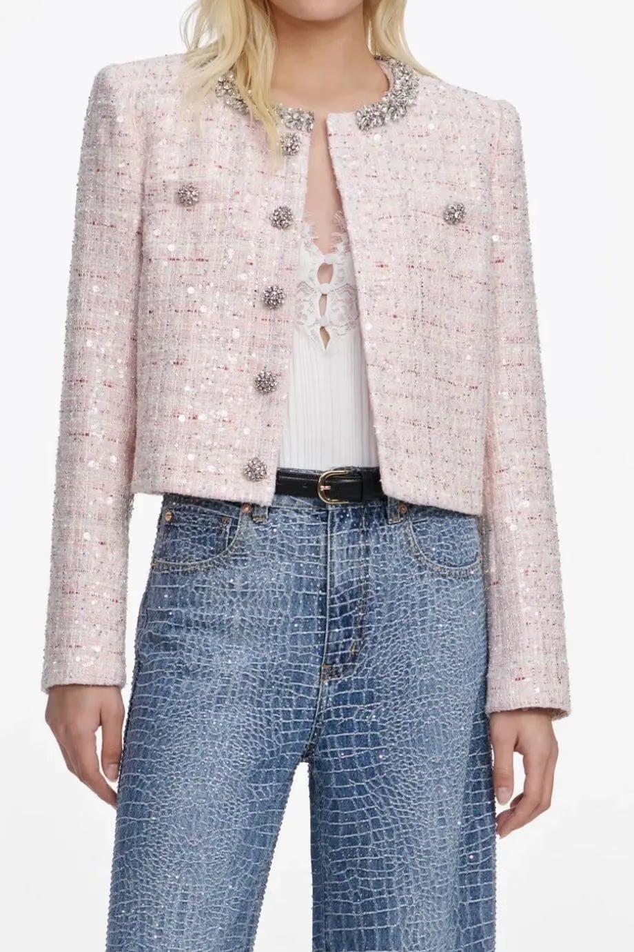 Self-Portrait Sequin Boucle Cropped Jacket in Pink