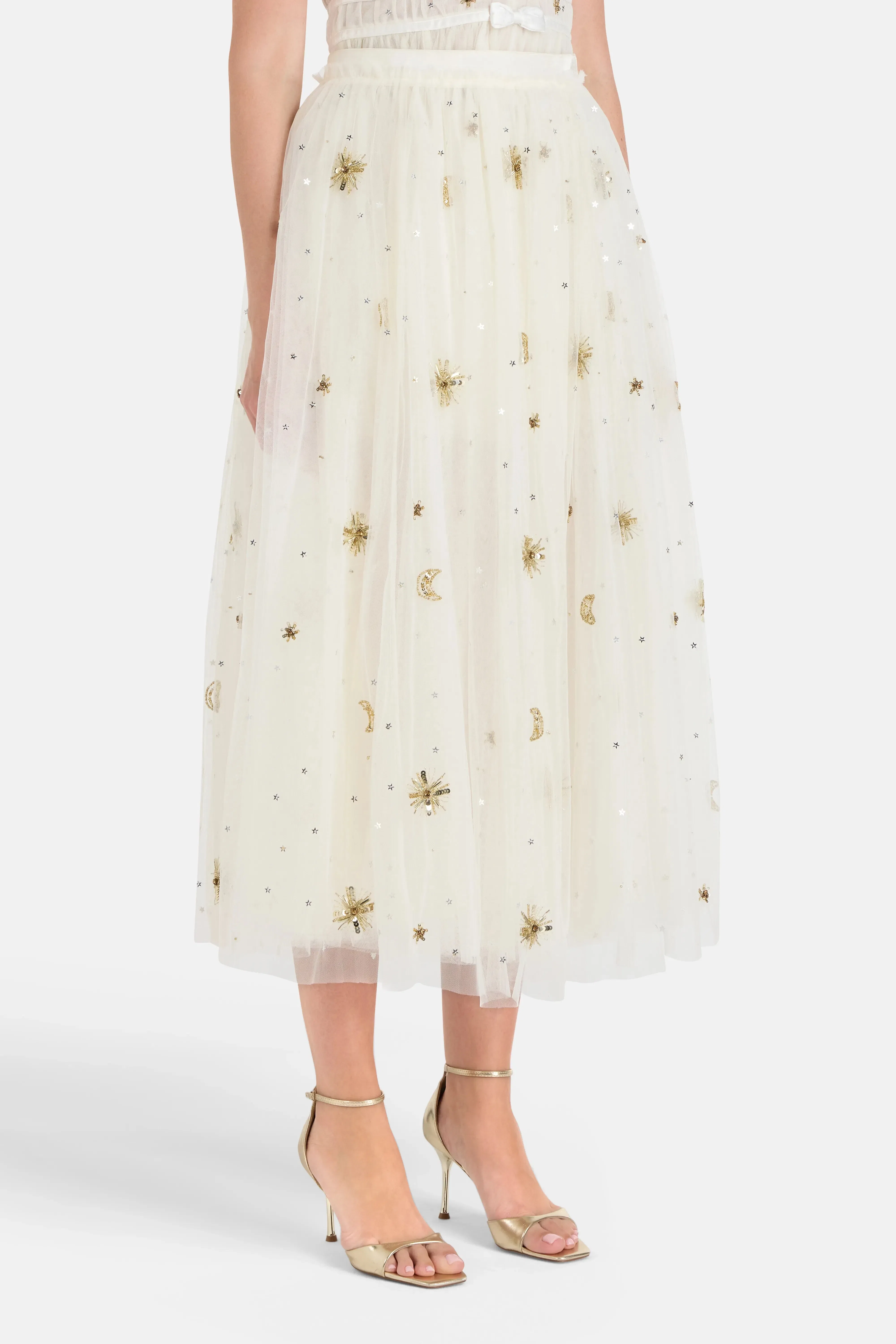 LoveShackFancy Wilona Tulle Maxi Skirt in White and Gold