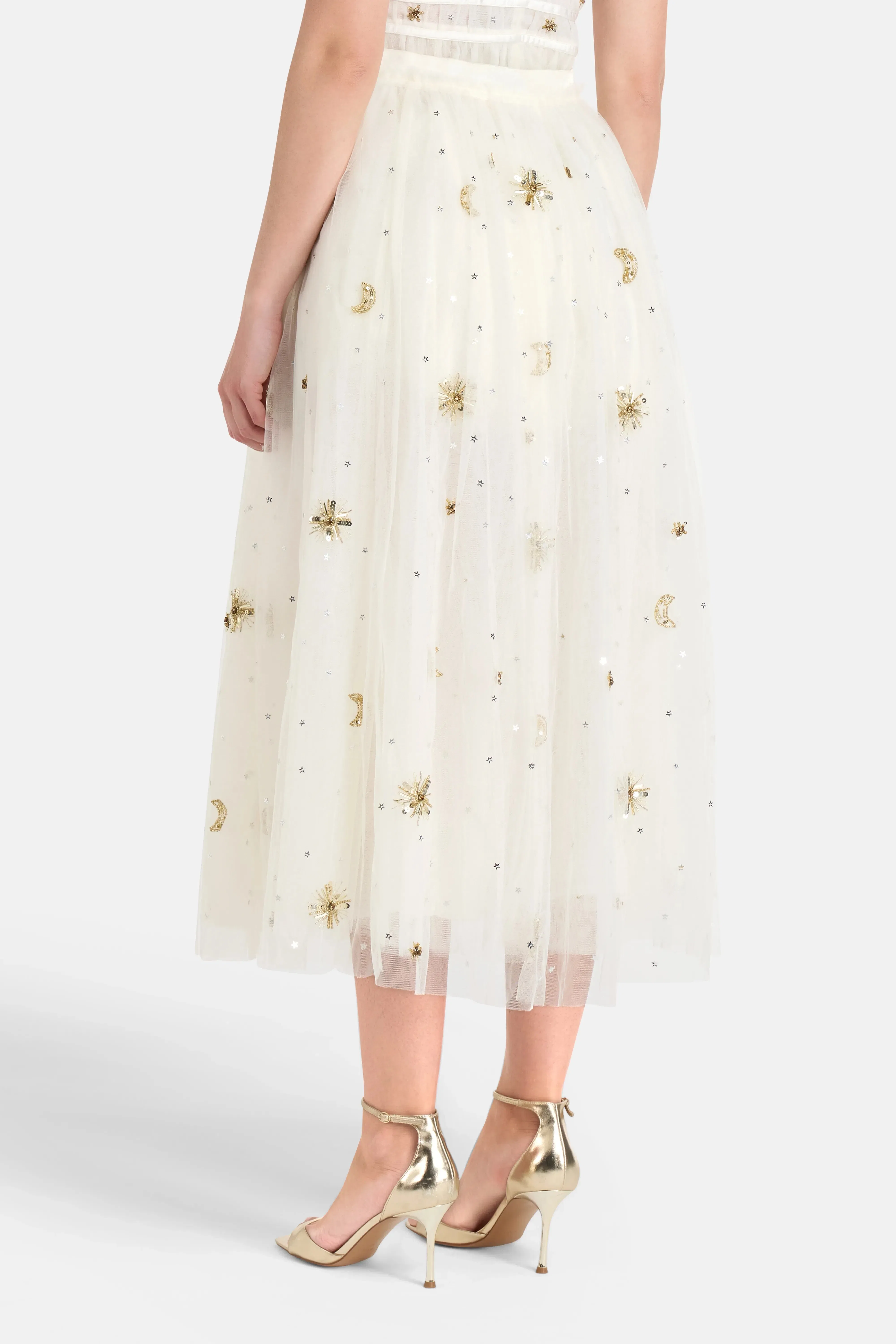 LoveShackFancy Wilona Tulle Maxi Skirt in White and Gold