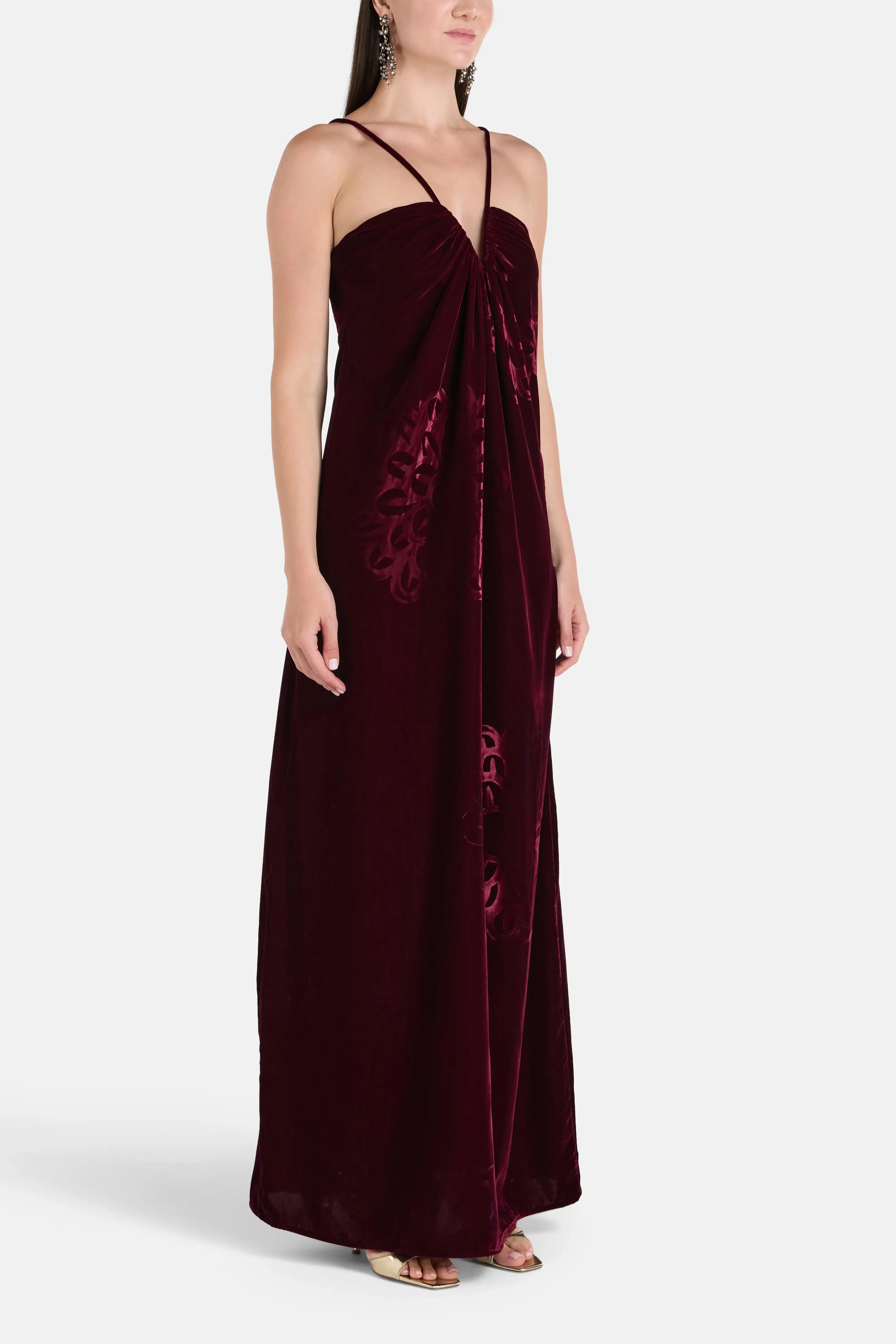 Themis Z Anthos Spaghetti Straps Sleeveless Silk Velvet Maxi Dress in Burgundy