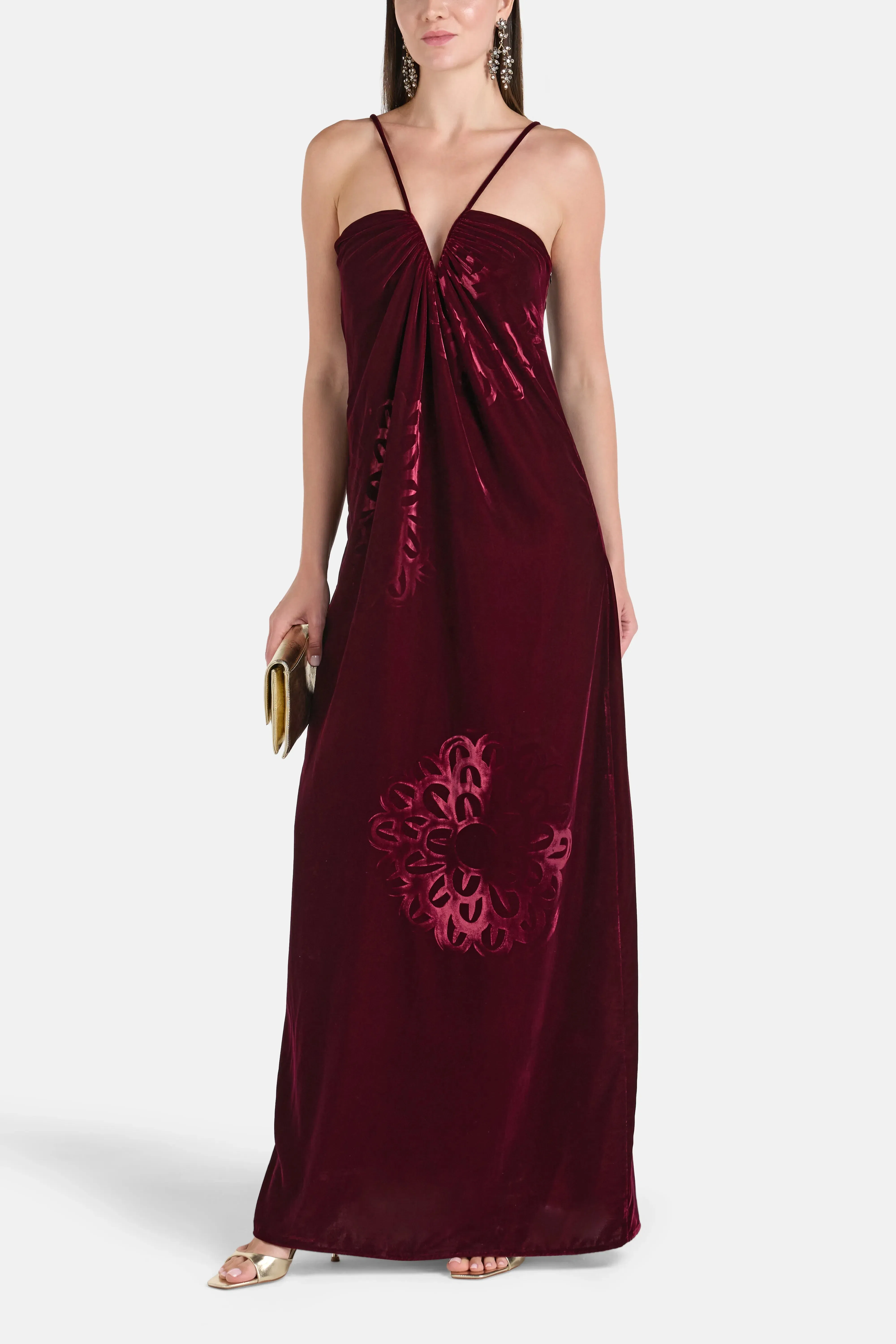 Themis Z Anthos Spaghetti Straps Sleeveless Silk Velvet Maxi Dress in Burgundy