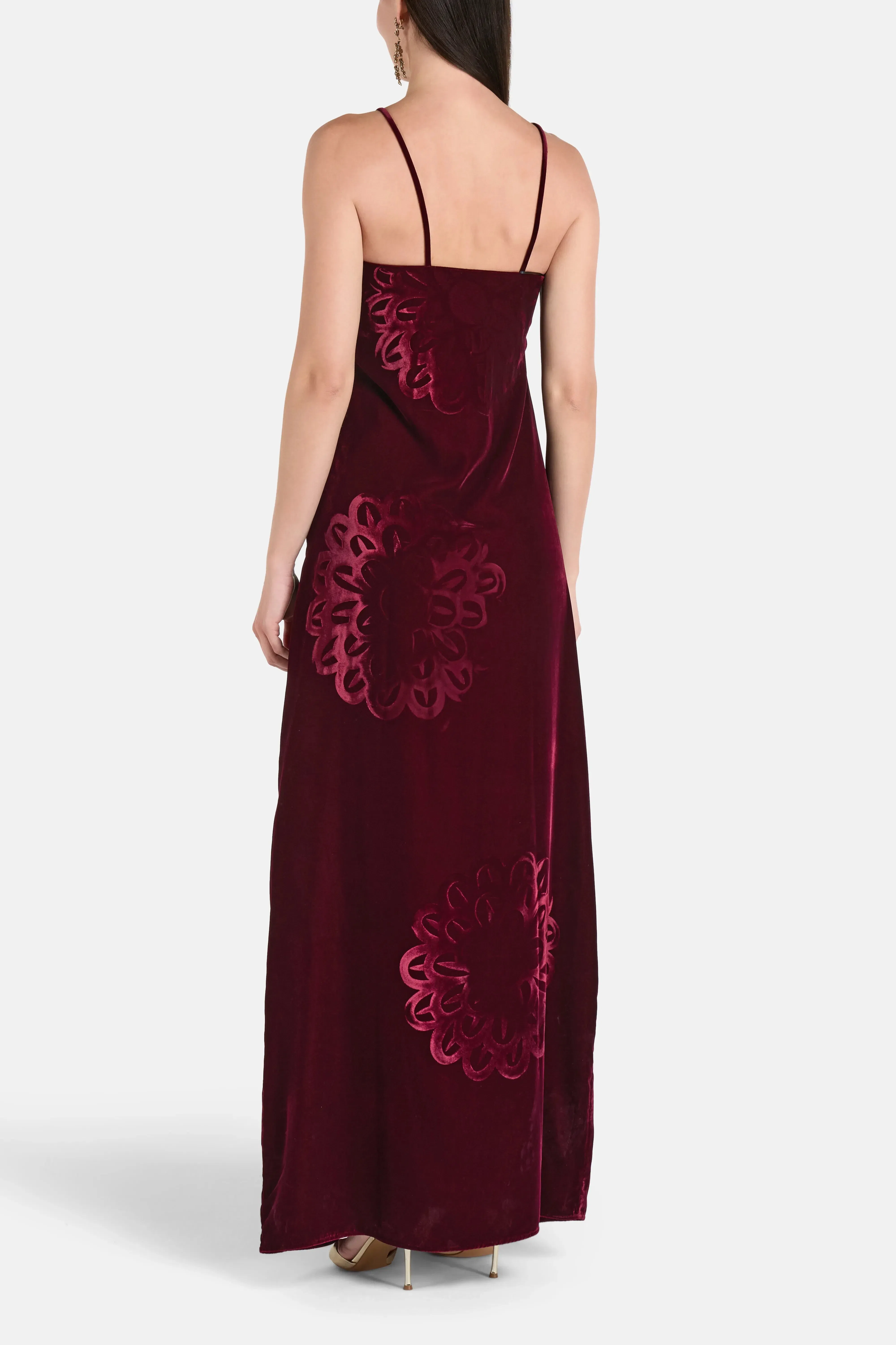 Themis Z Anthos Spaghetti Straps Sleeveless Silk Velvet Maxi Dress in Burgundy