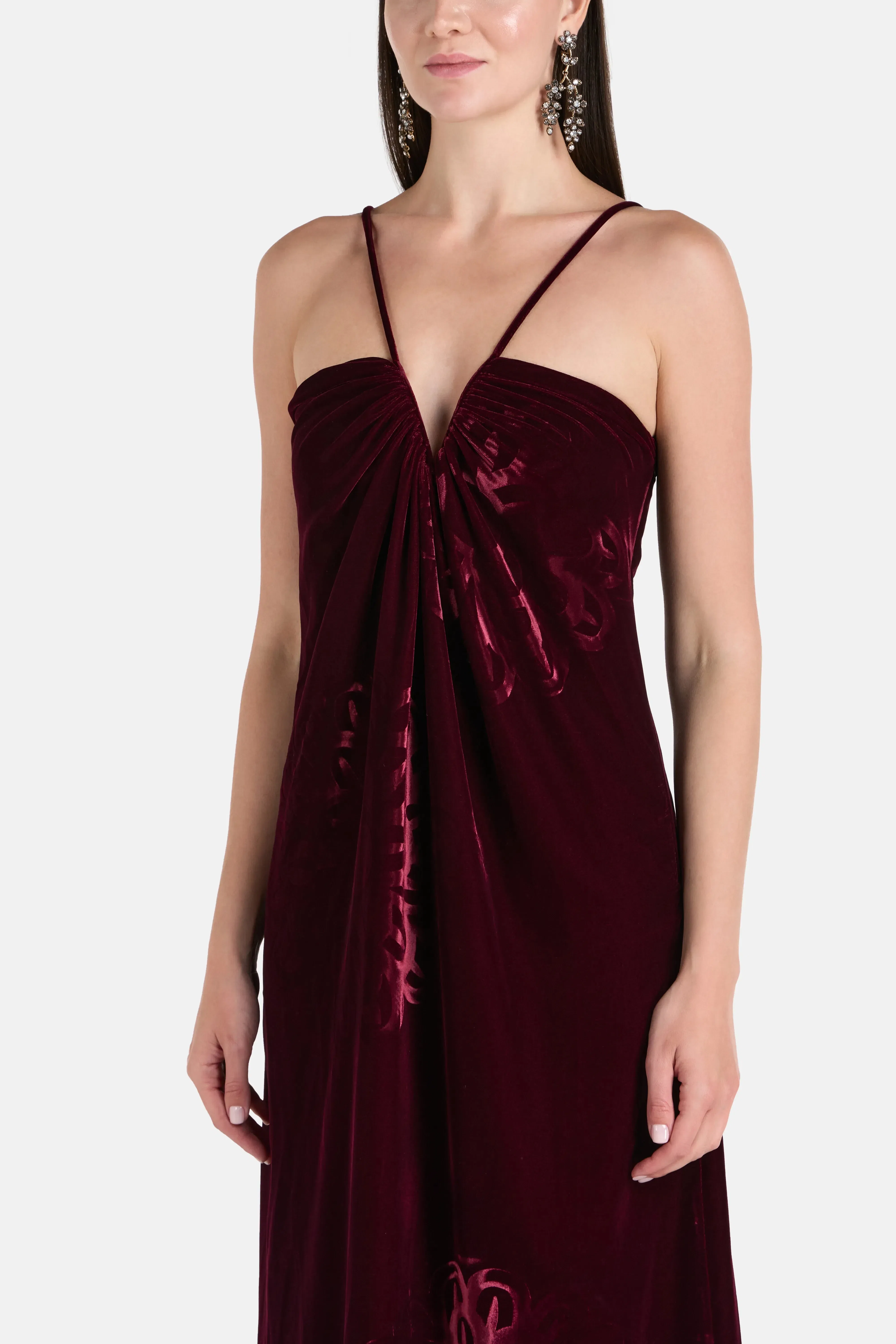 Themis Z Anthos Spaghetti Straps Sleeveless Silk Velvet Maxi Dress in Burgundy