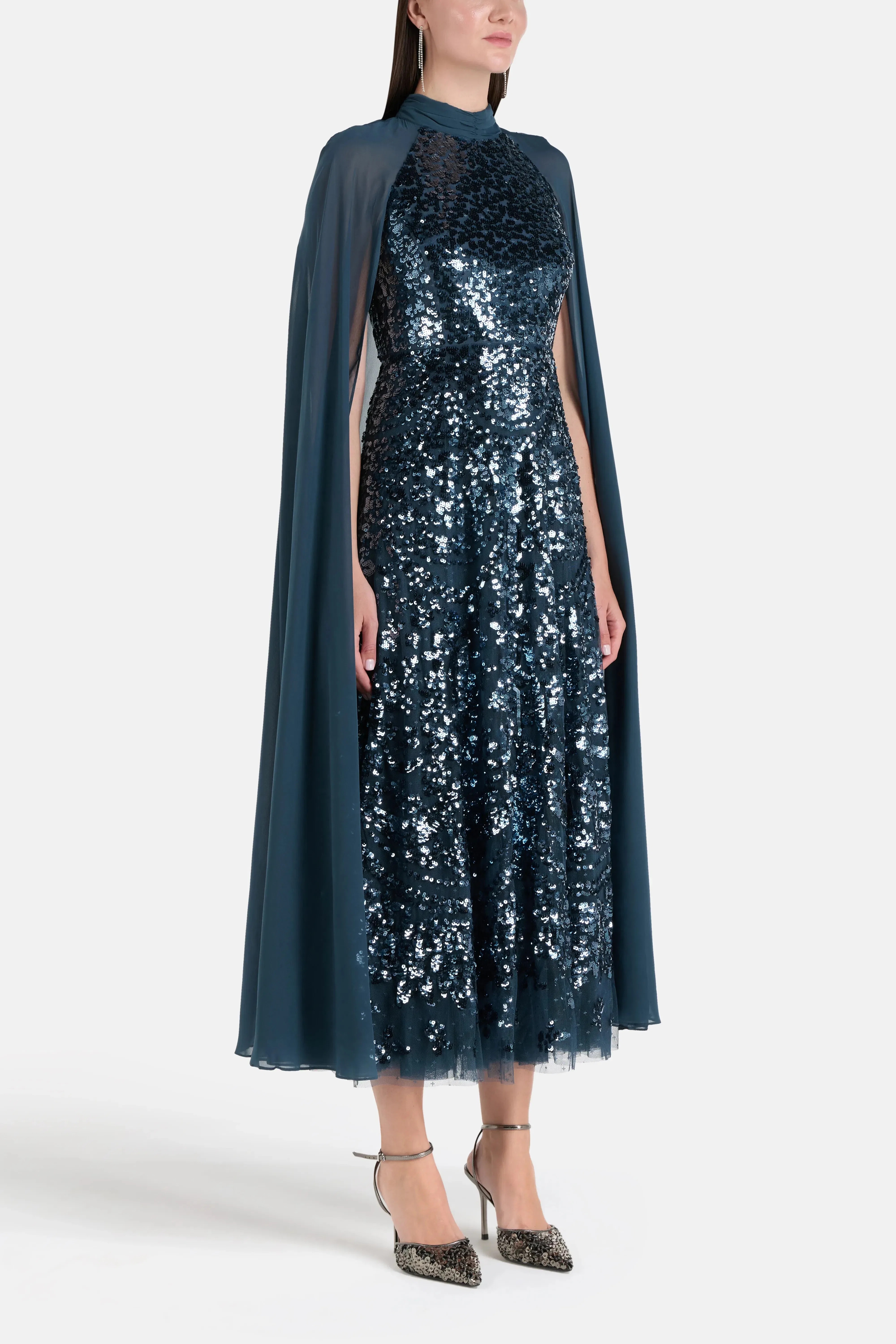 Needle & Thread Chandelier Sequins Cape Evening Dress in Blue