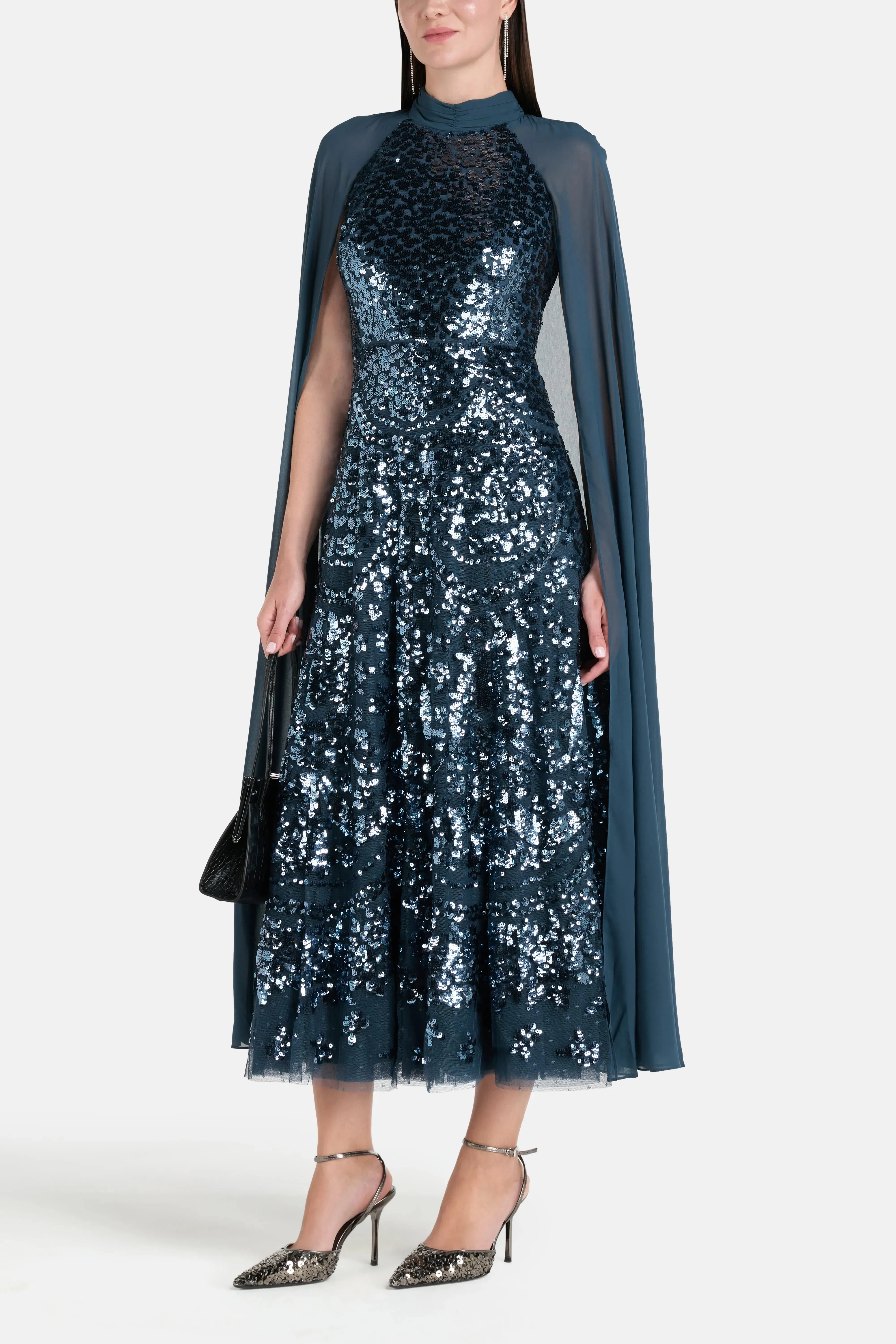 Needle & Thread Chandelier Sequins Cape Evening Dress in Blue