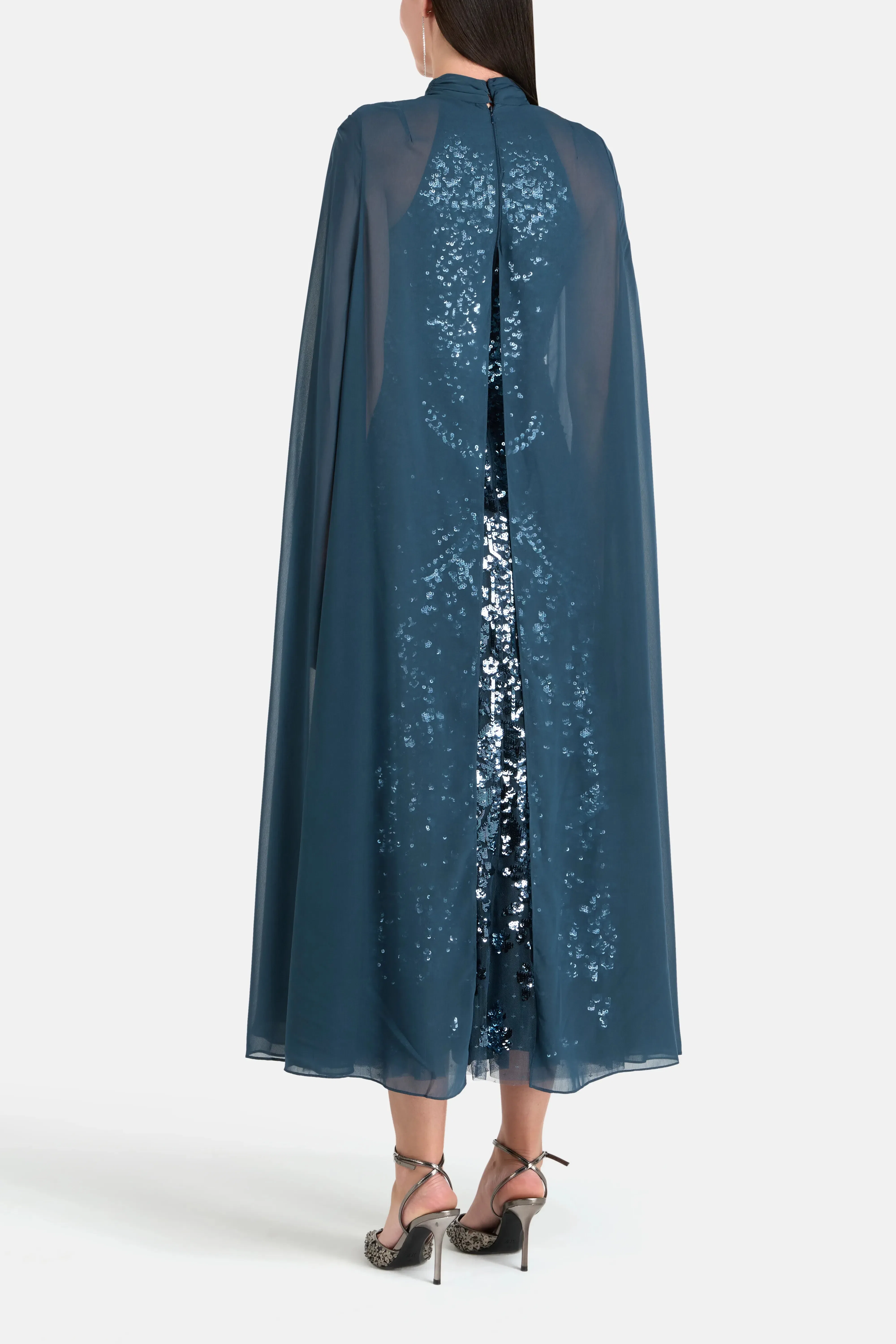 Needle & Thread Chandelier Sequins Cape Evening Dress in Blue