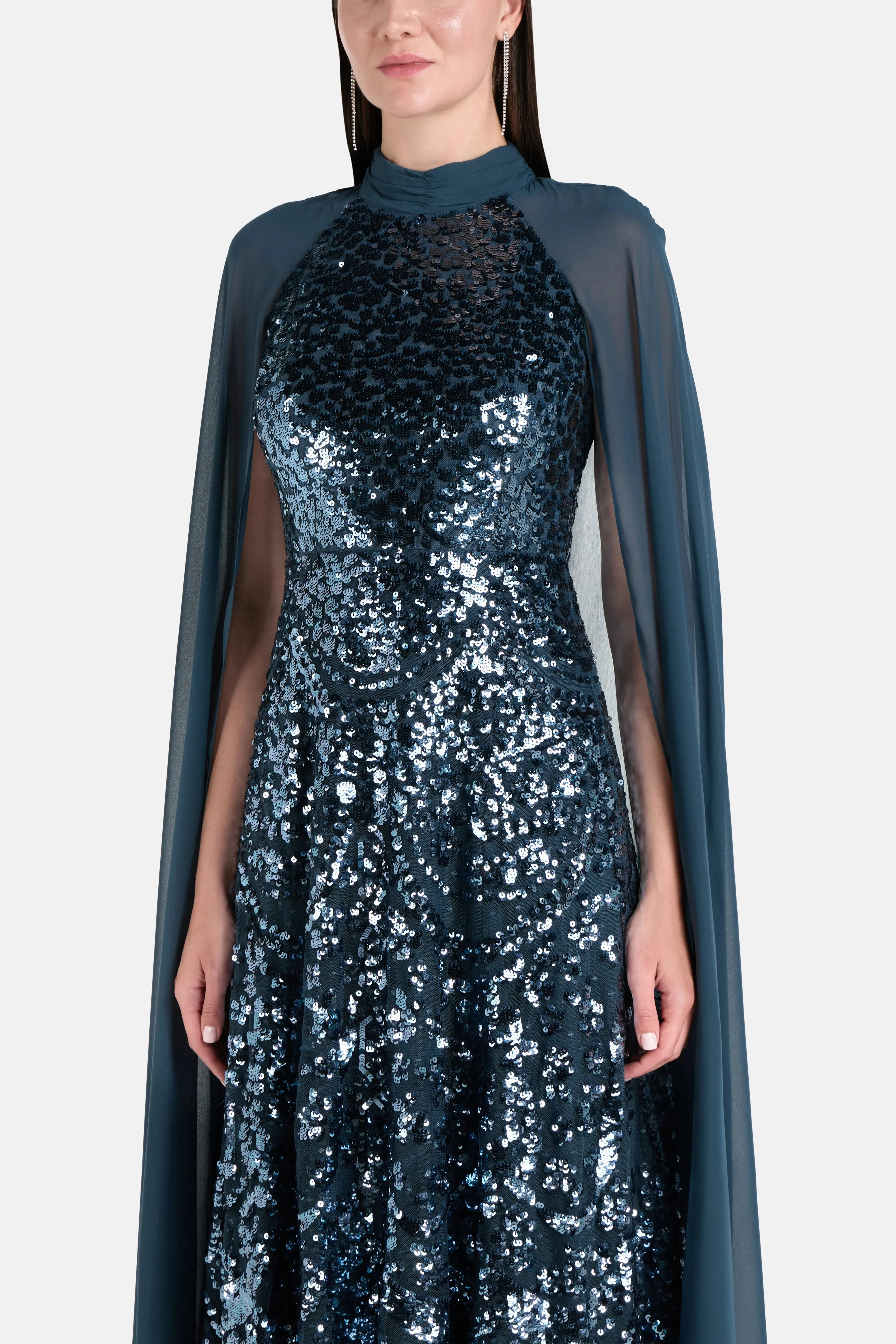 Needle & Thread Chandelier Sequins Cape Evening Dress in Blue