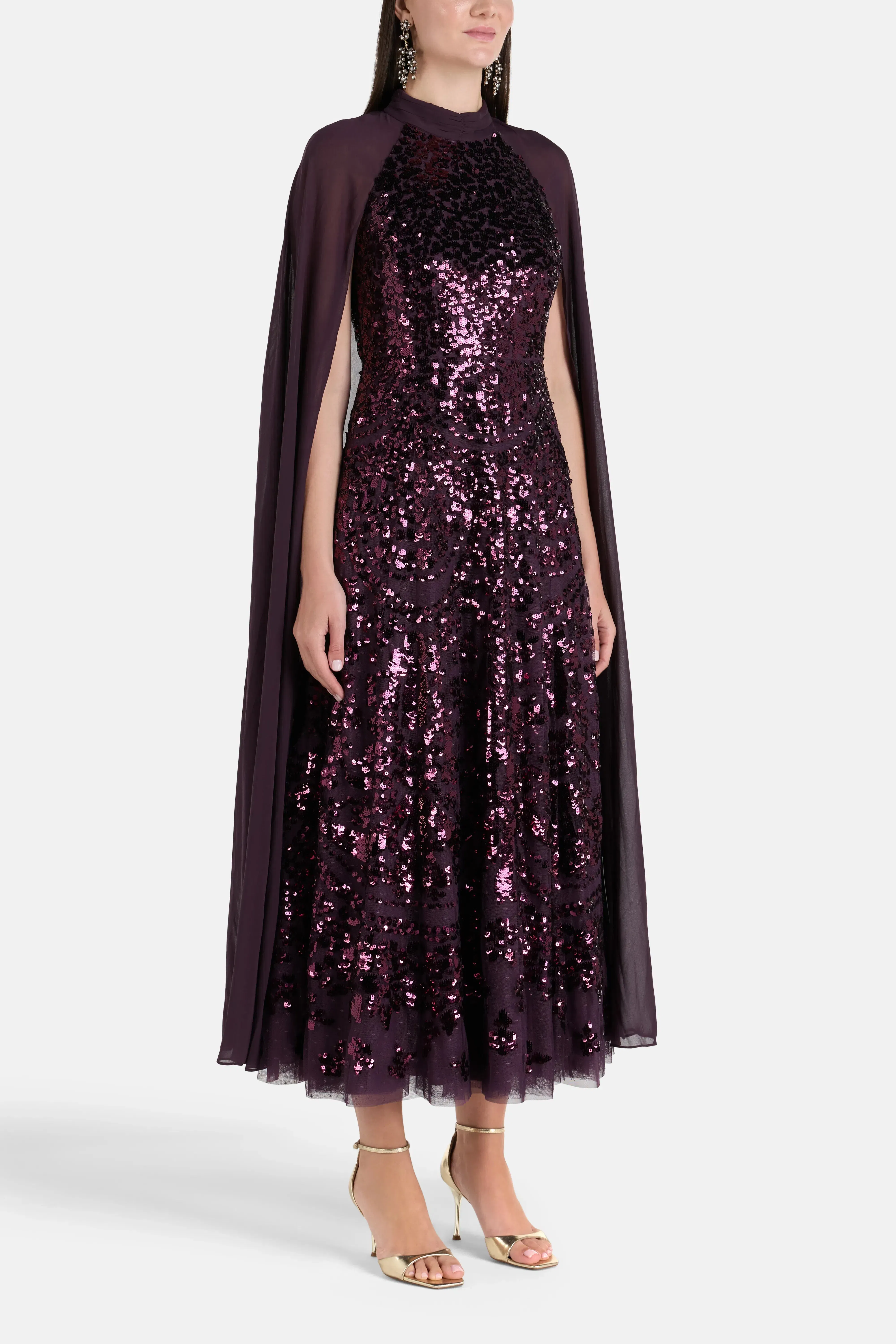 Needle & Thread Chandelier Sequins Cape Evening Dress in Purple
