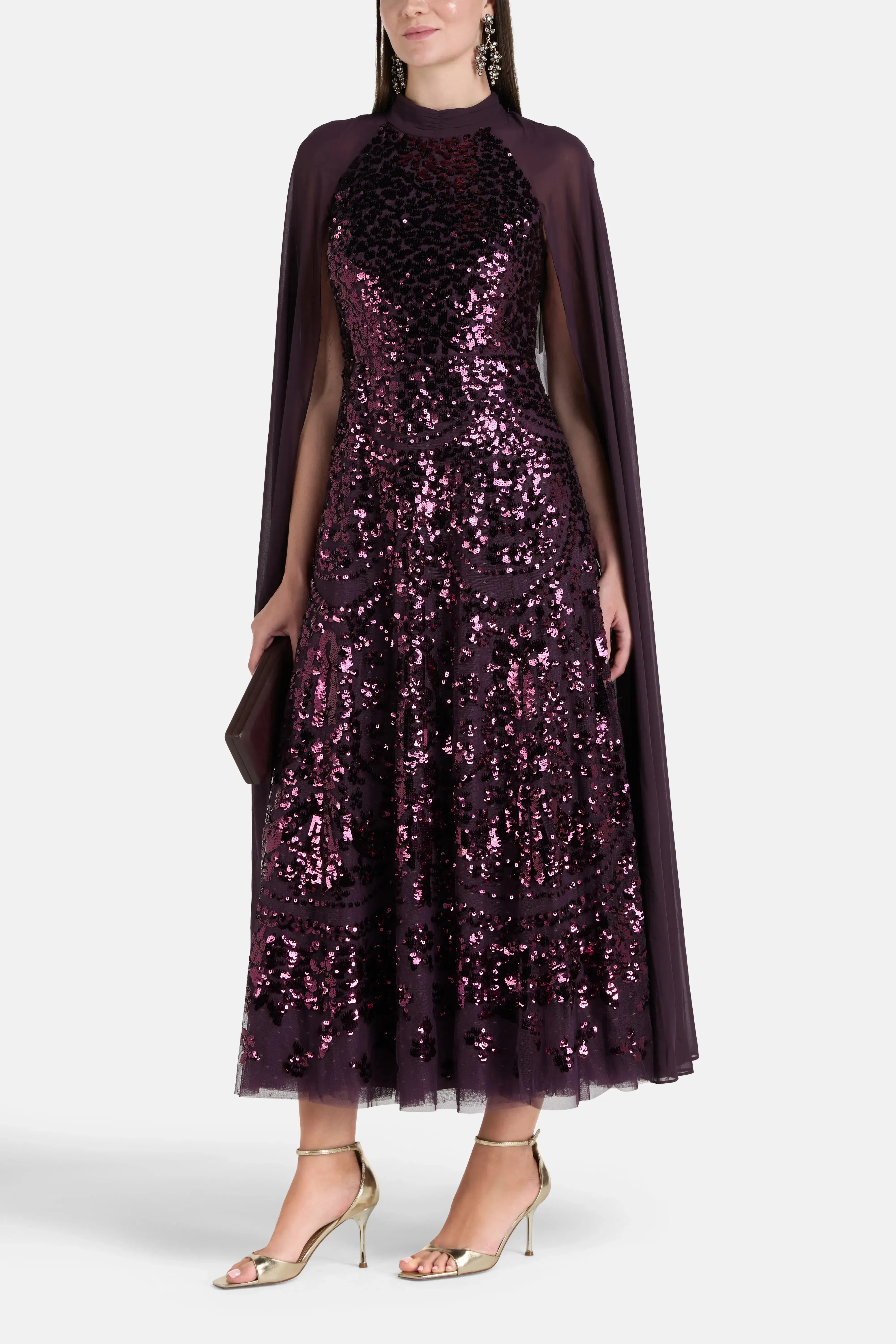 Needle & Thread Chandelier Sequins Cape Evening Dress in Purple