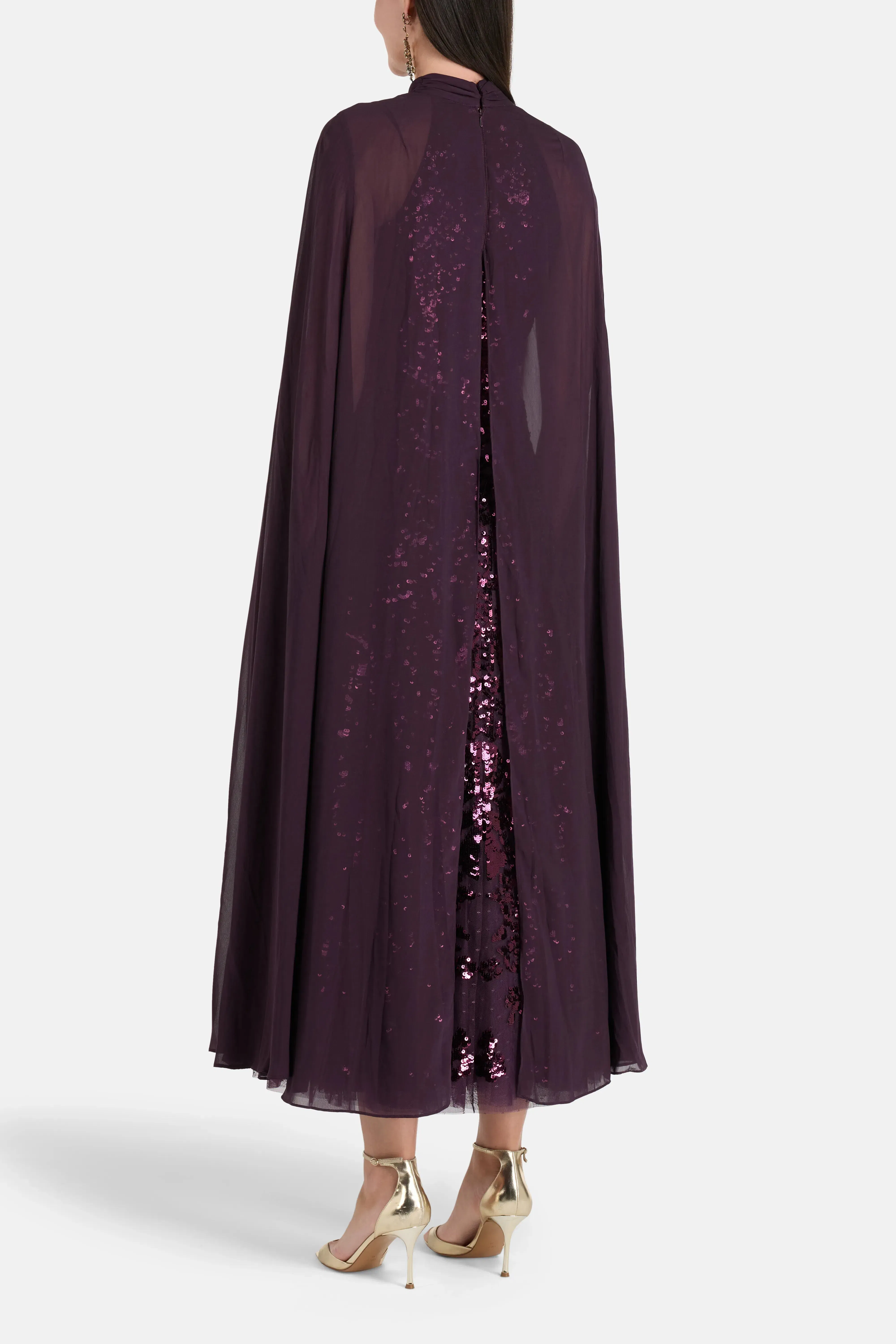 Needle & Thread Chandelier Sequins Cape Evening Dress in Purple