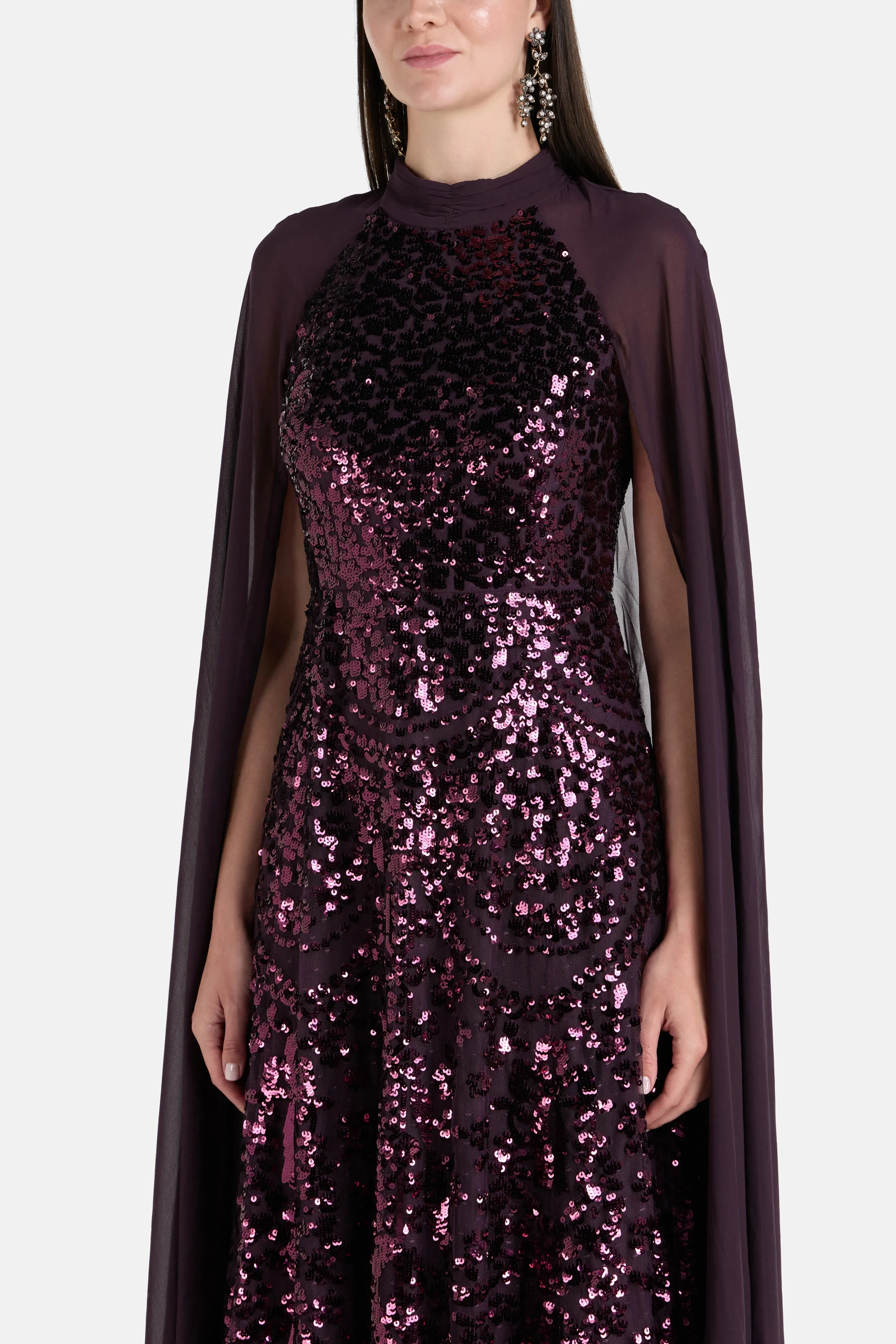 Needle & Thread Chandelier Sequins Cape Evening Dress in Purple