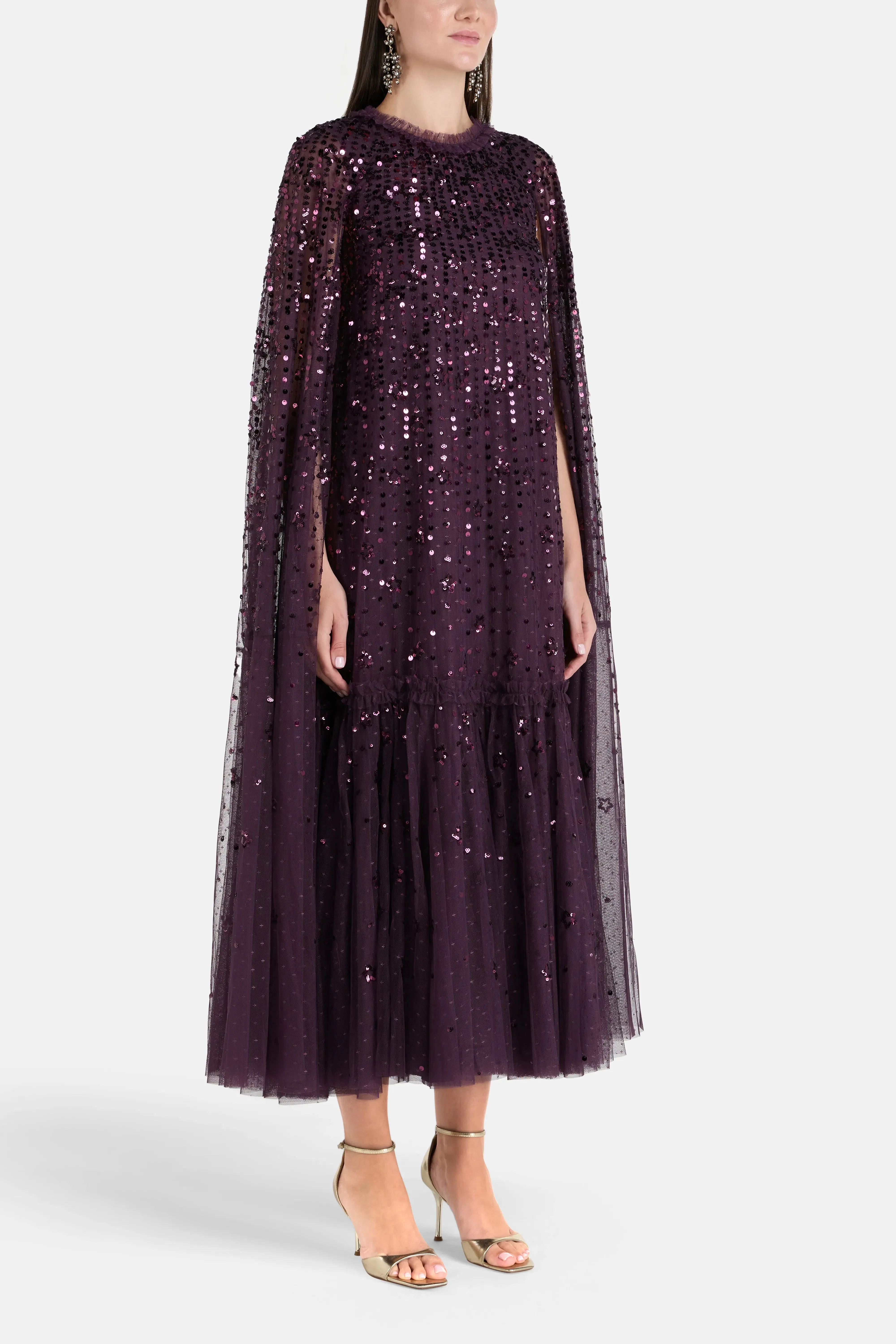 Needle & Thread Falling Stars Sequins Cape Evening Dress in Purple
