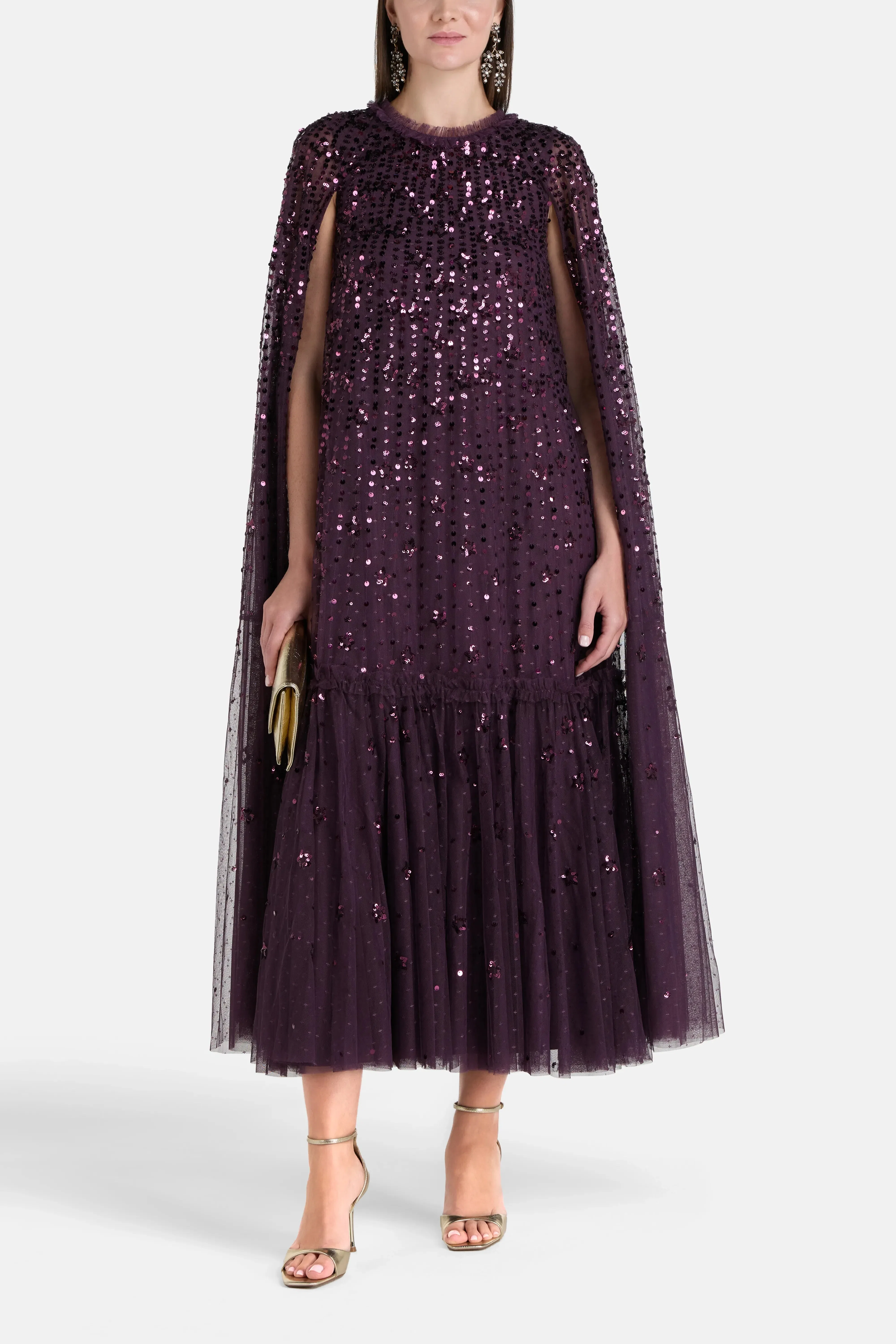 Needle & Thread Falling Stars Sequins Cape Evening Dress in Purple