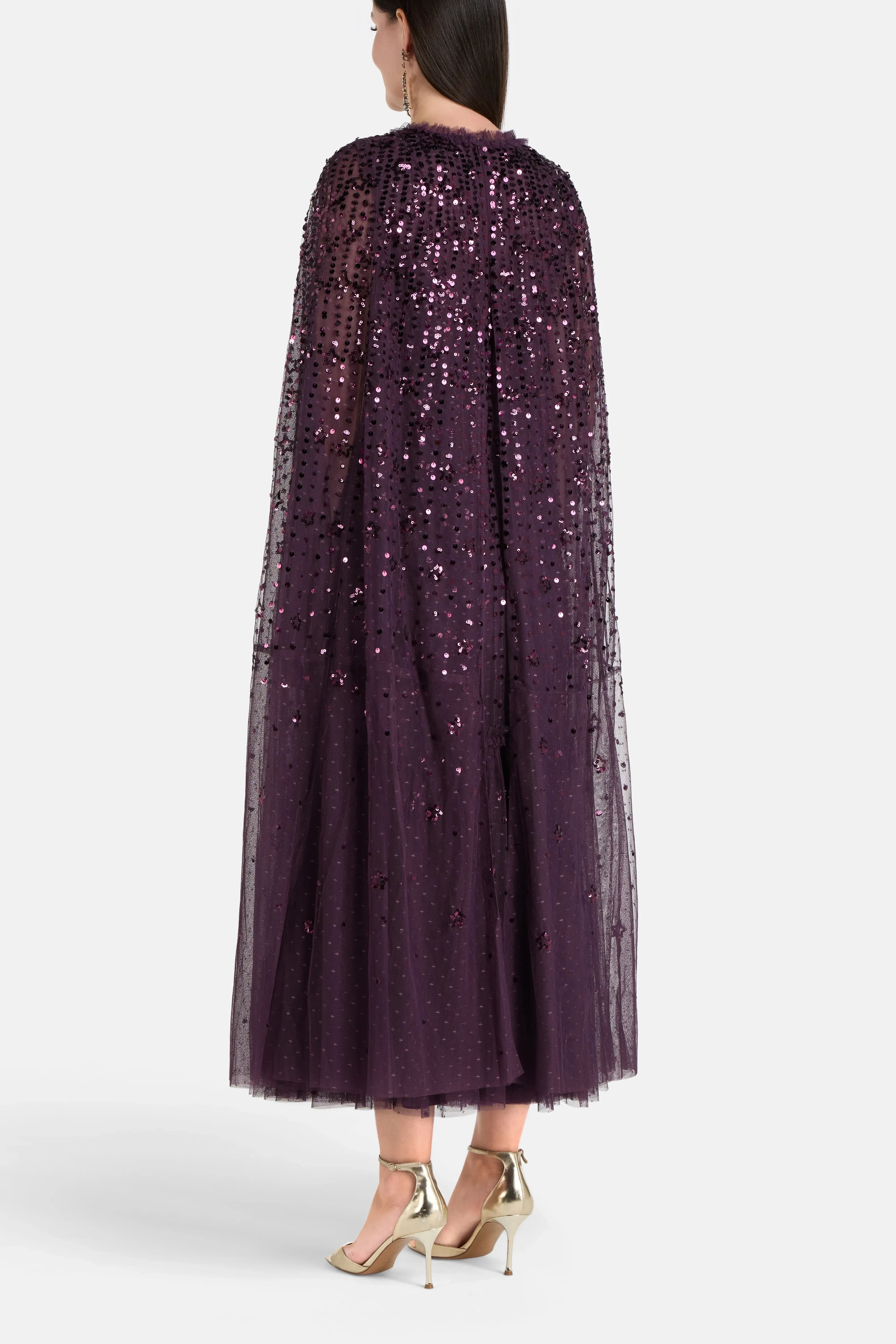 Needle & Thread Falling Stars Sequins Cape Evening Dress in Purple