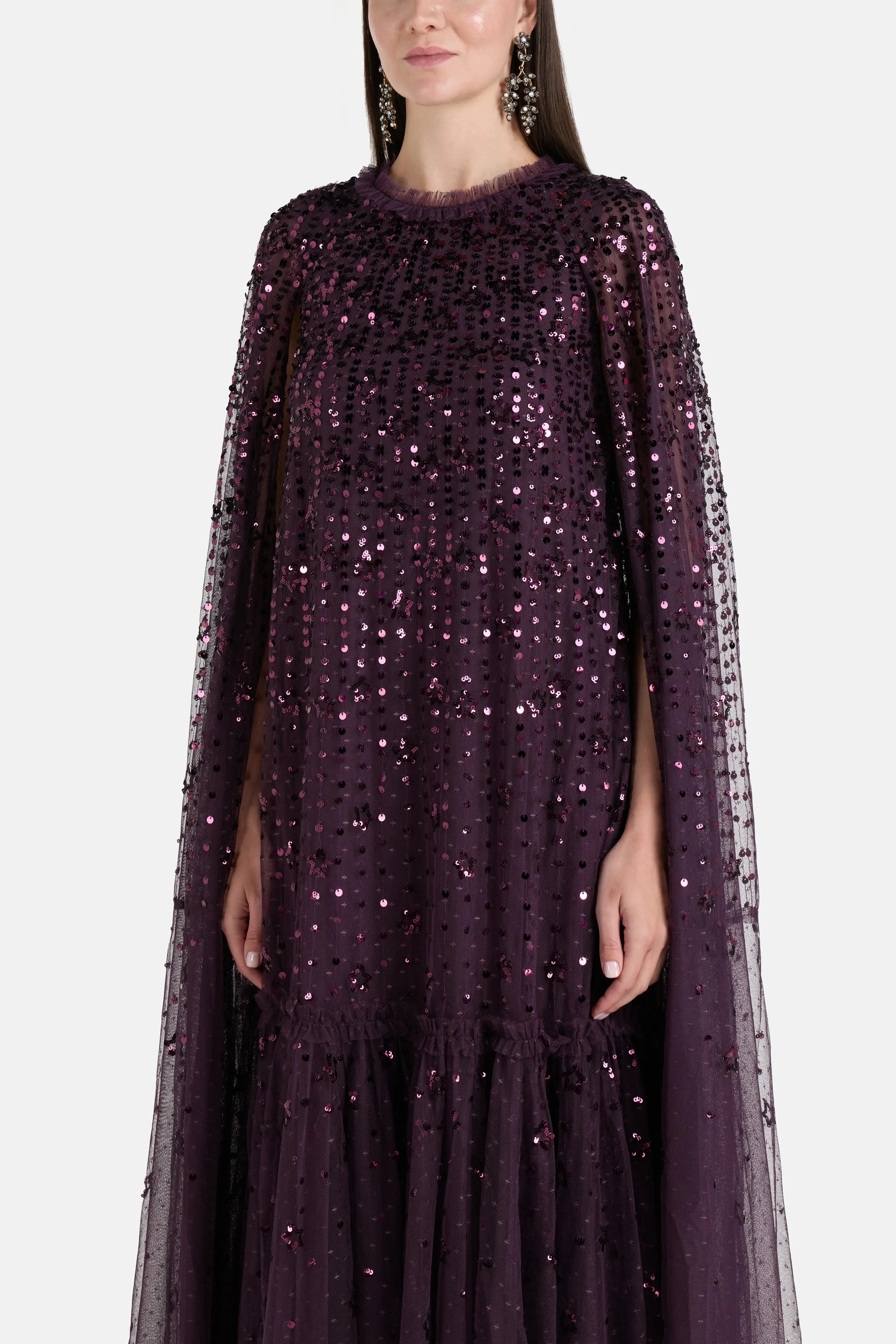 Needle & Thread Falling Stars Sequins Cape Evening Dress in Purple