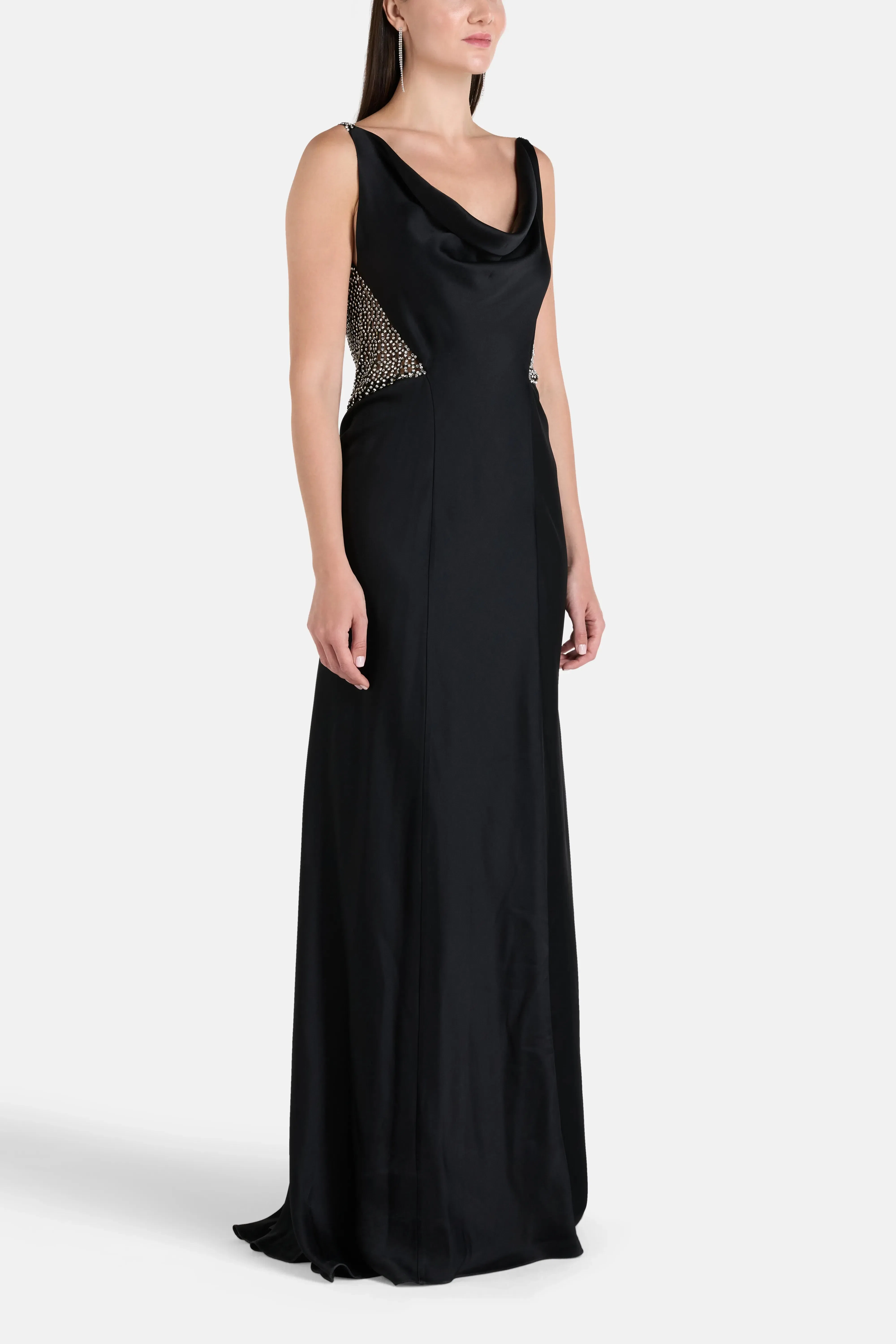 Rhea Costa Elaris Cowl Neck Sleeveless Evening Dress in Black