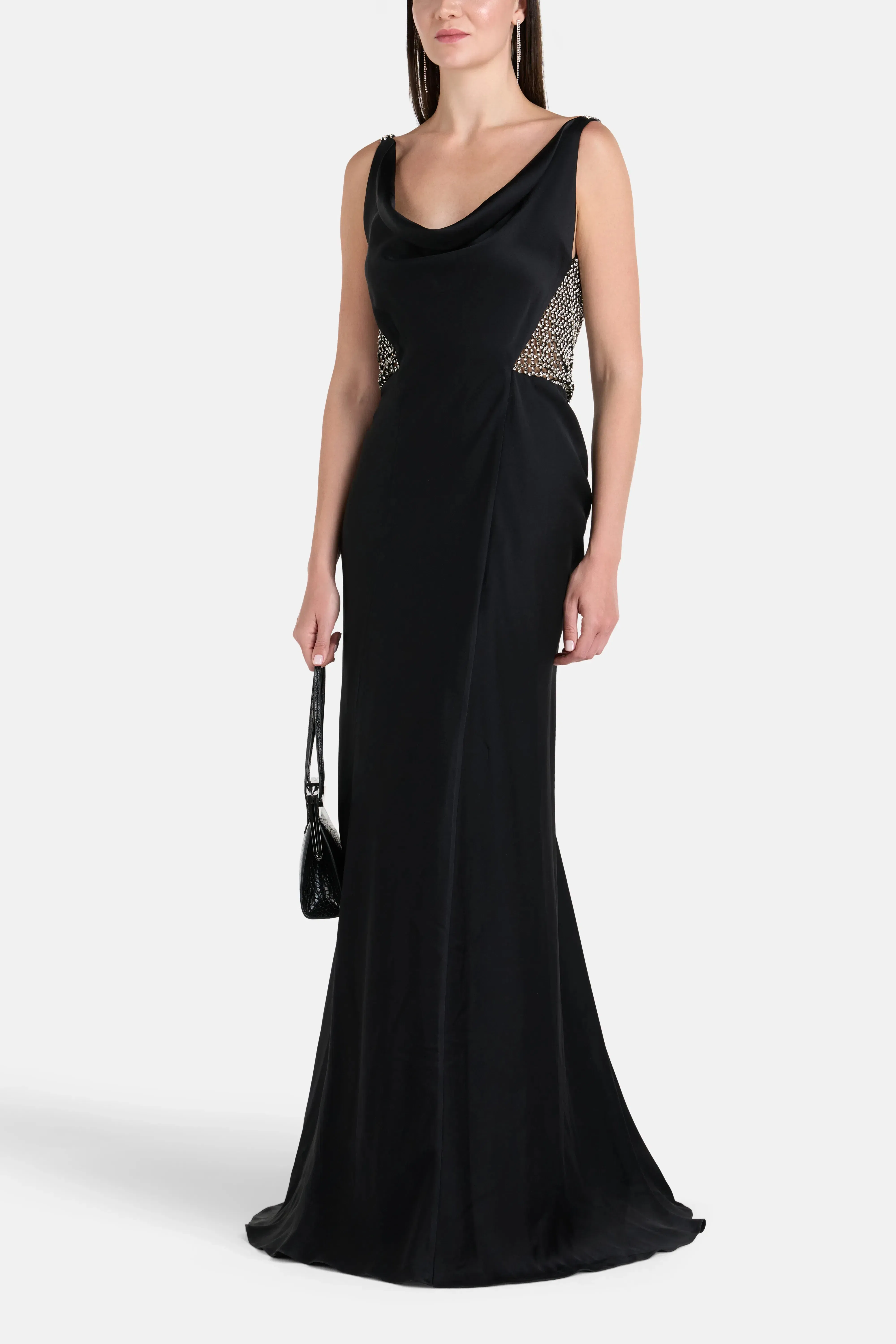 Rhea Costa Elaris Cowl Neck Sleeveless Evening Dress in Black
