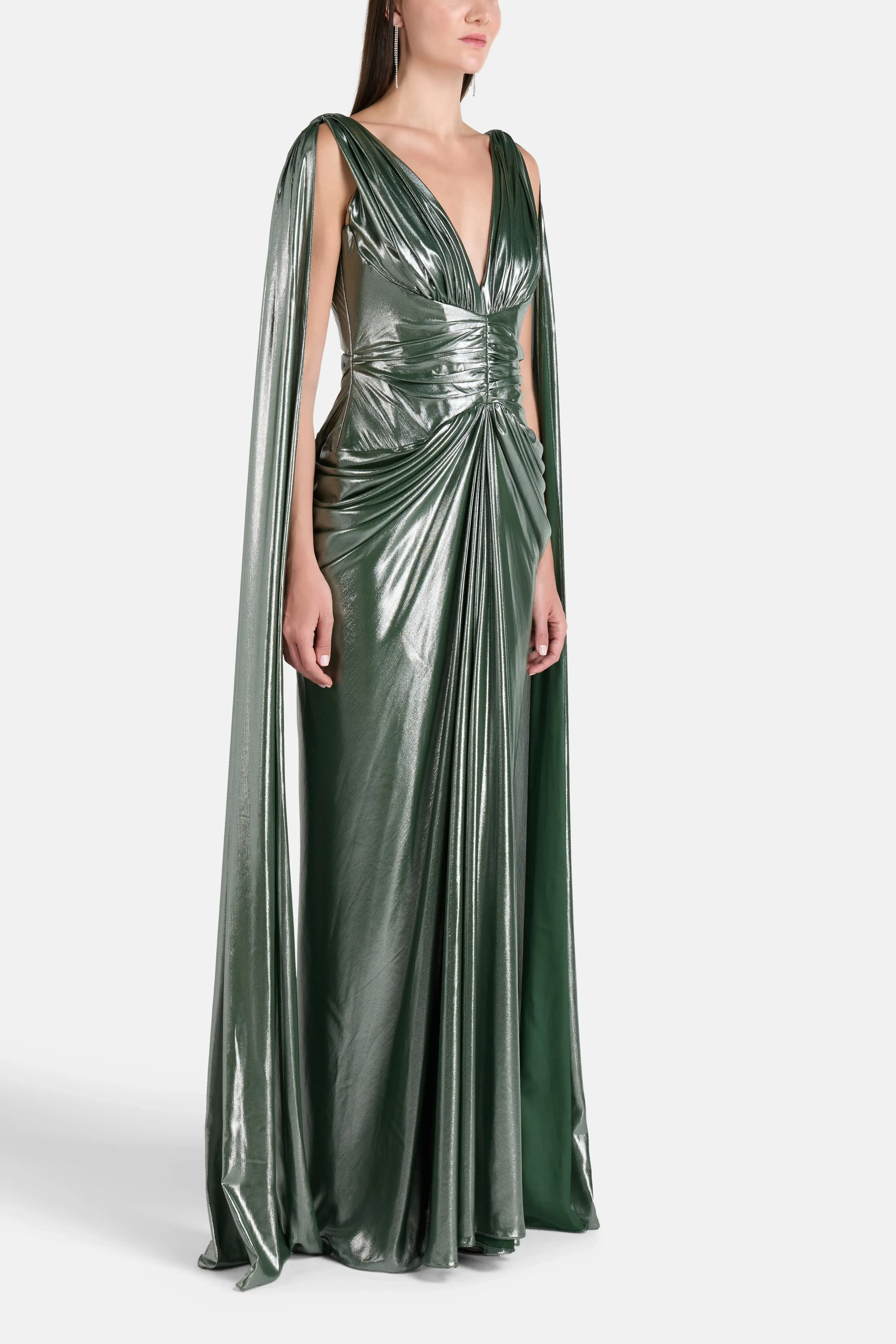 Rhea Costa Layla Ruched Cape Sleeves Evening Dress in Green