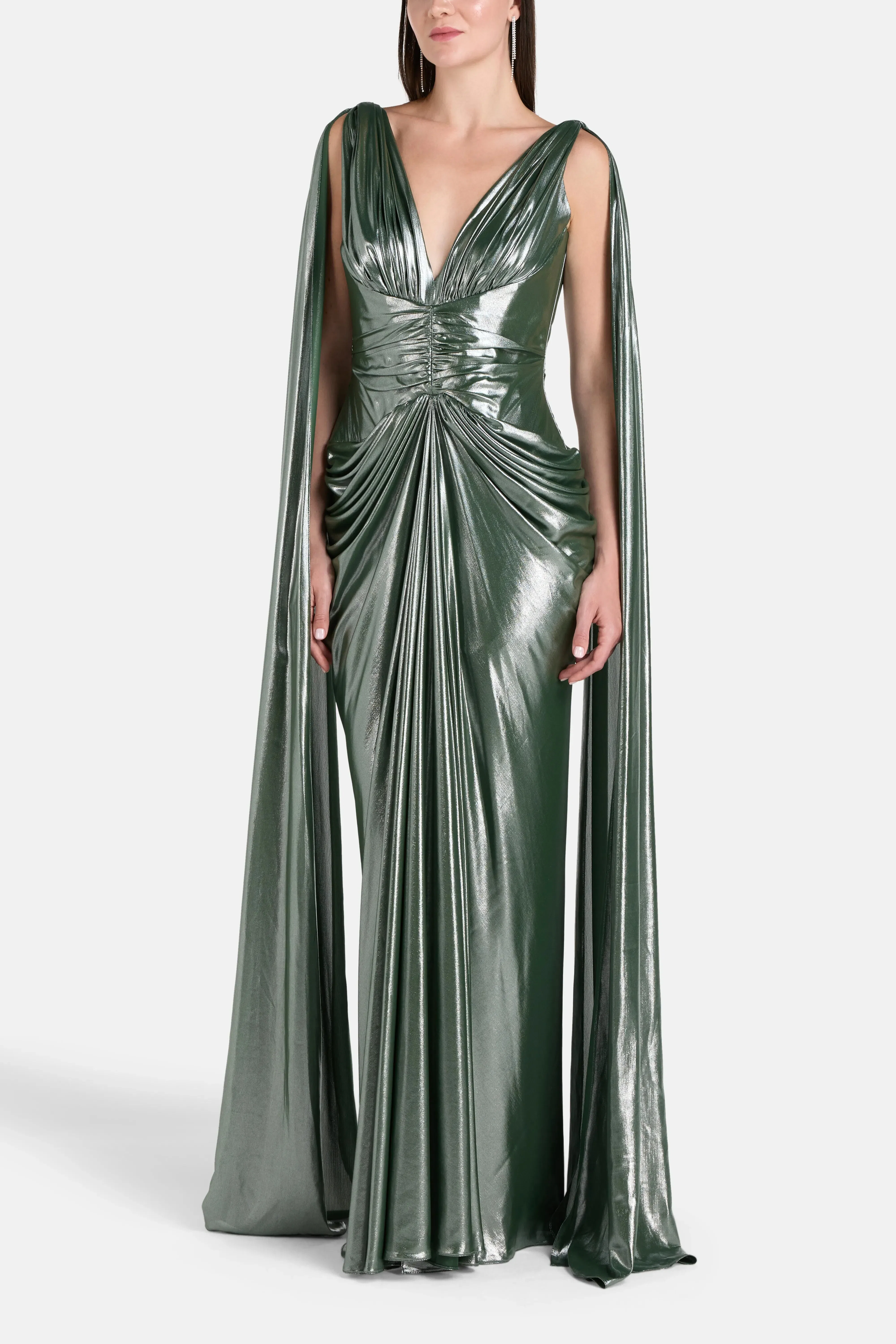 Rhea Costa Layla Ruched Cape Sleeves Evening Dress in Green