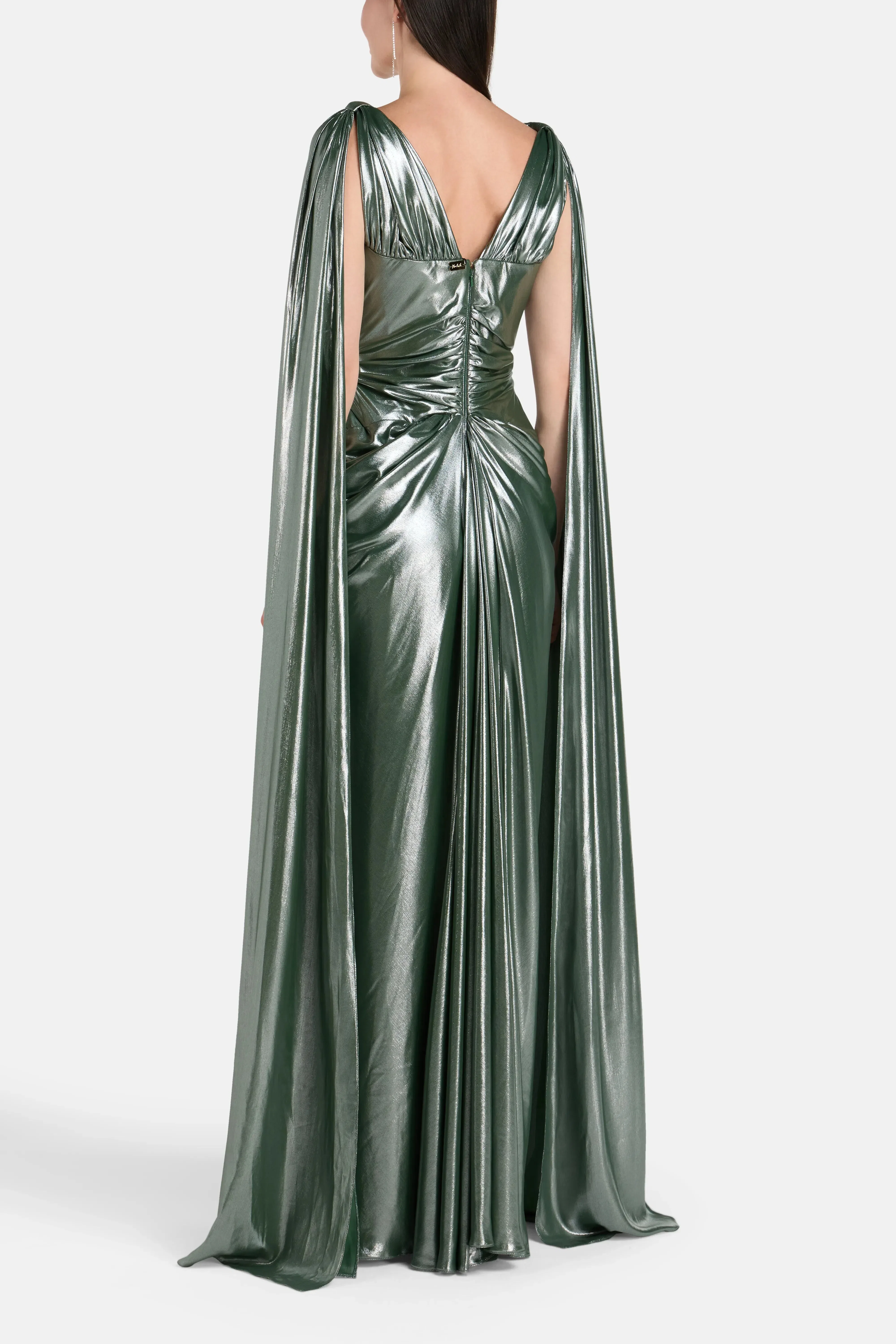 Rhea Costa Layla Ruched Cape Sleeves Evening Dress in Green