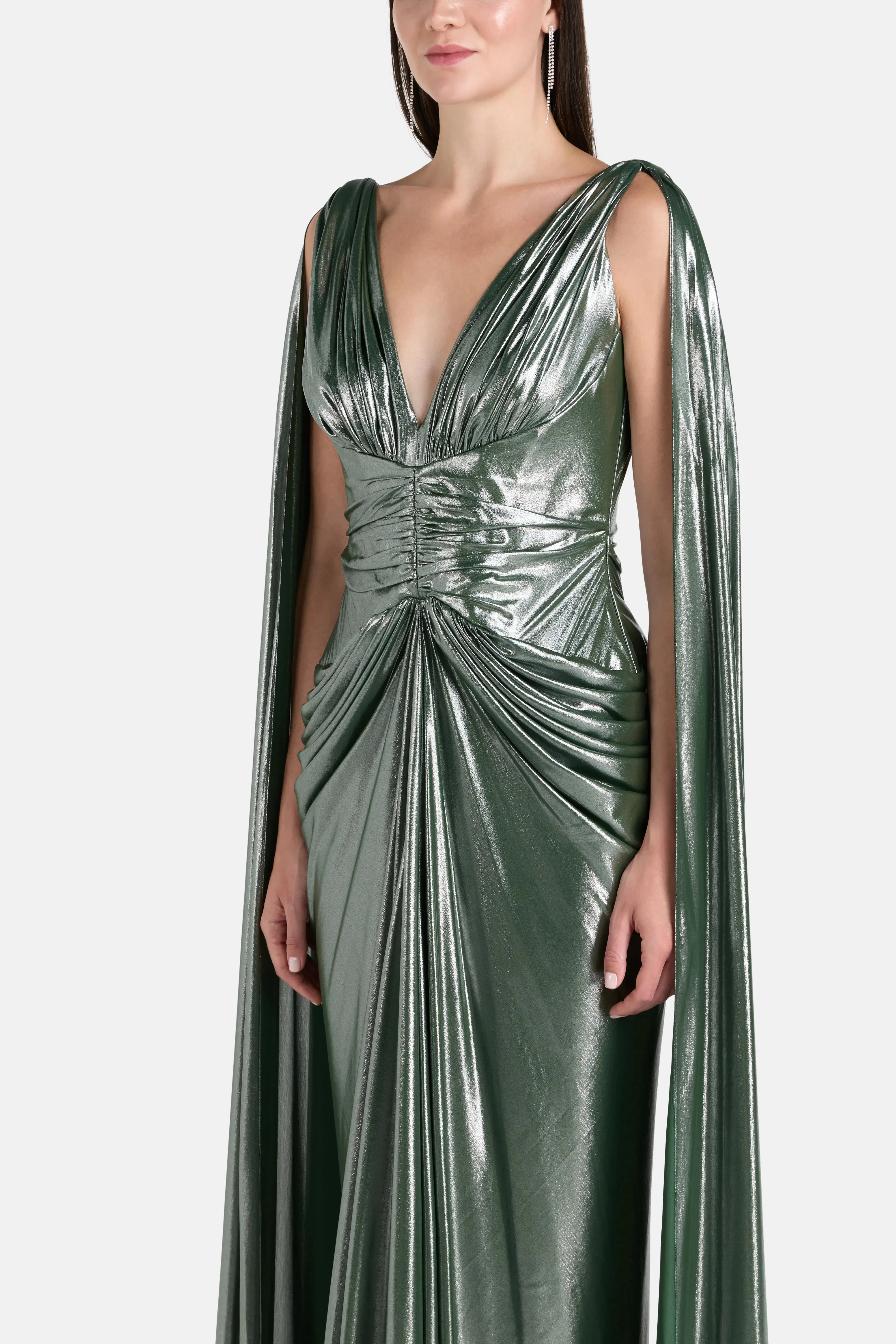 Rhea Costa Layla Ruched Cape Sleeves Evening Dress in Green