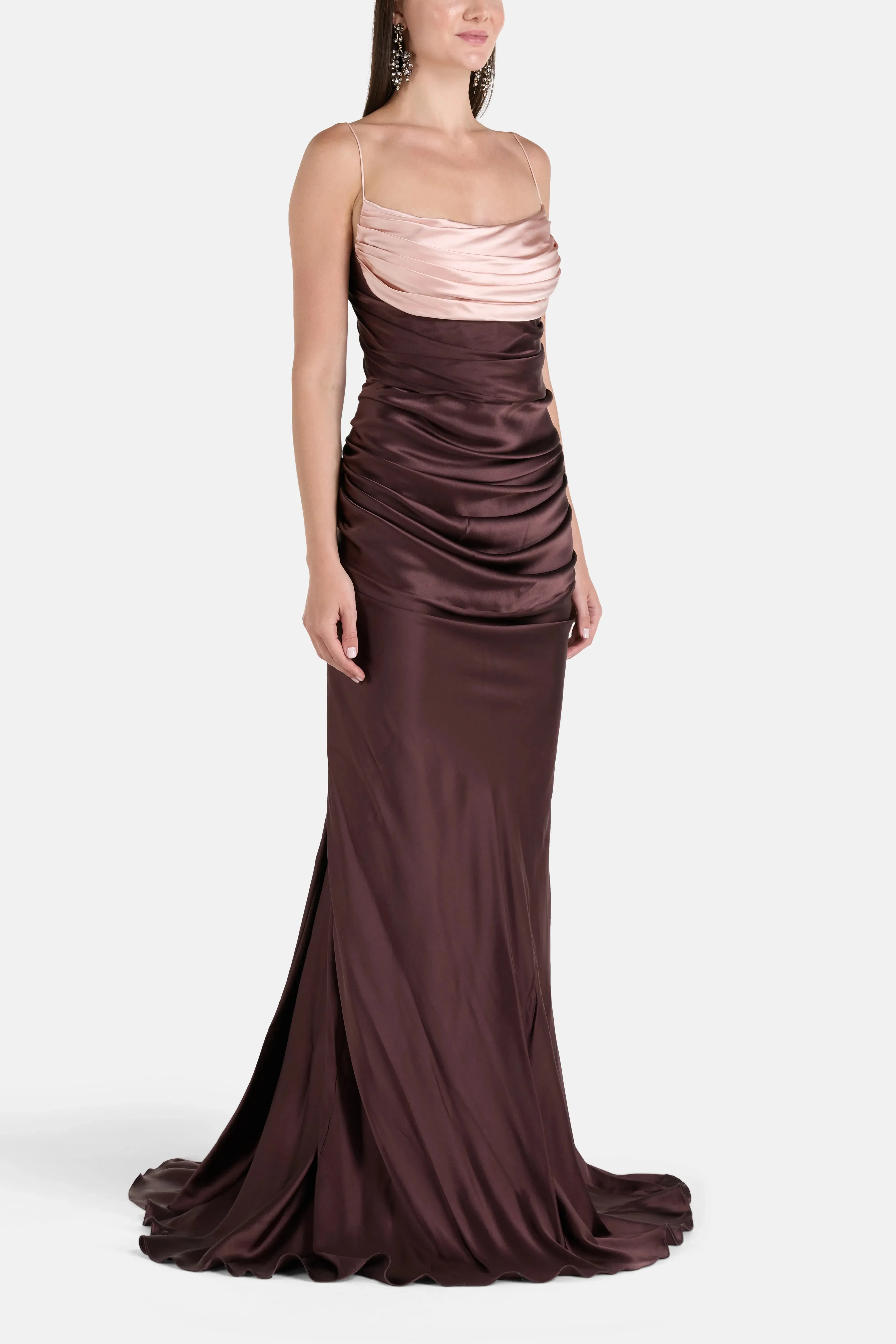 Rhea Costa Zahra Silk Sleeveless Evening Dress in Brown and Pink