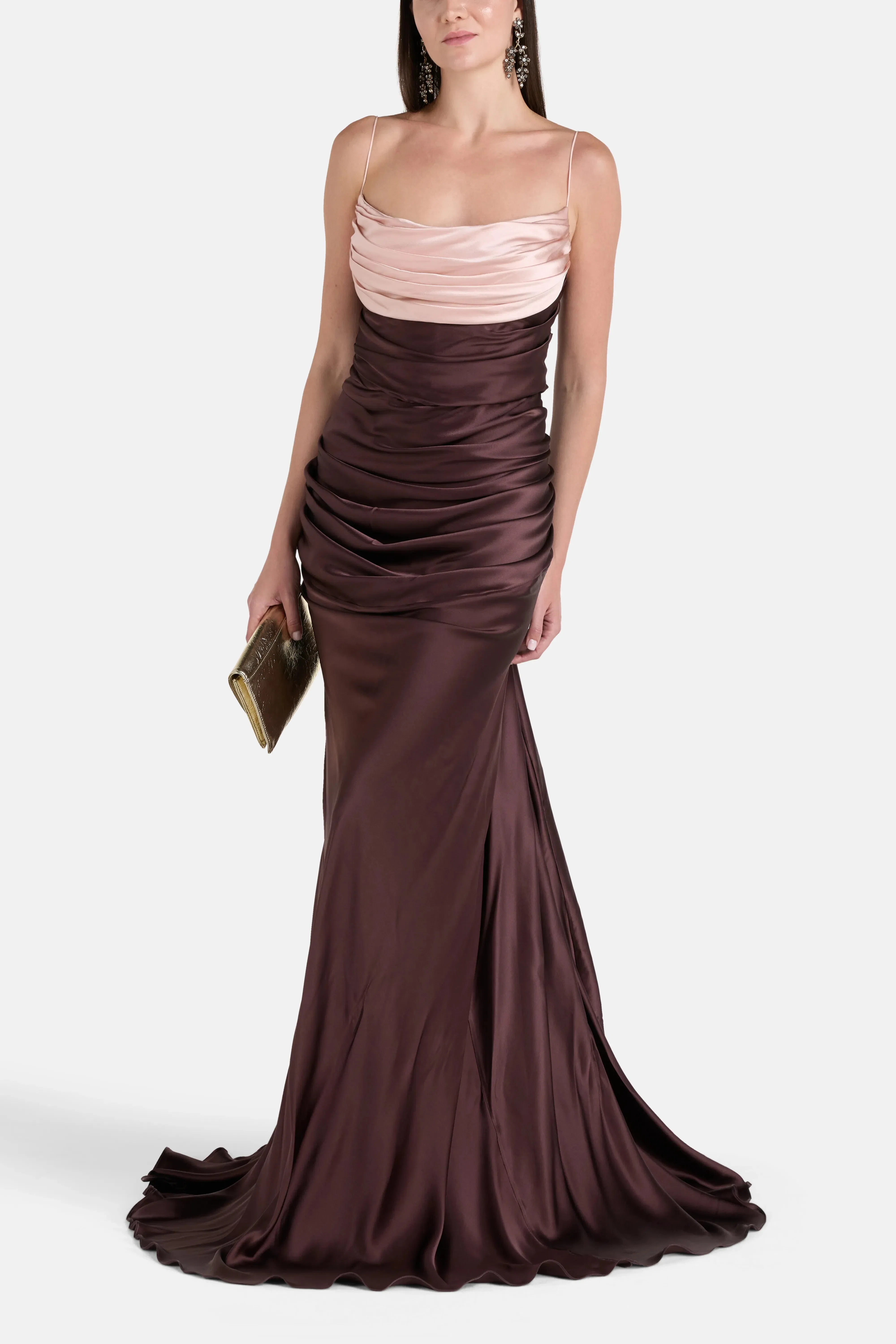 Rhea Costa Zahra Silk Sleeveless Evening Dress in Brown and Pink
