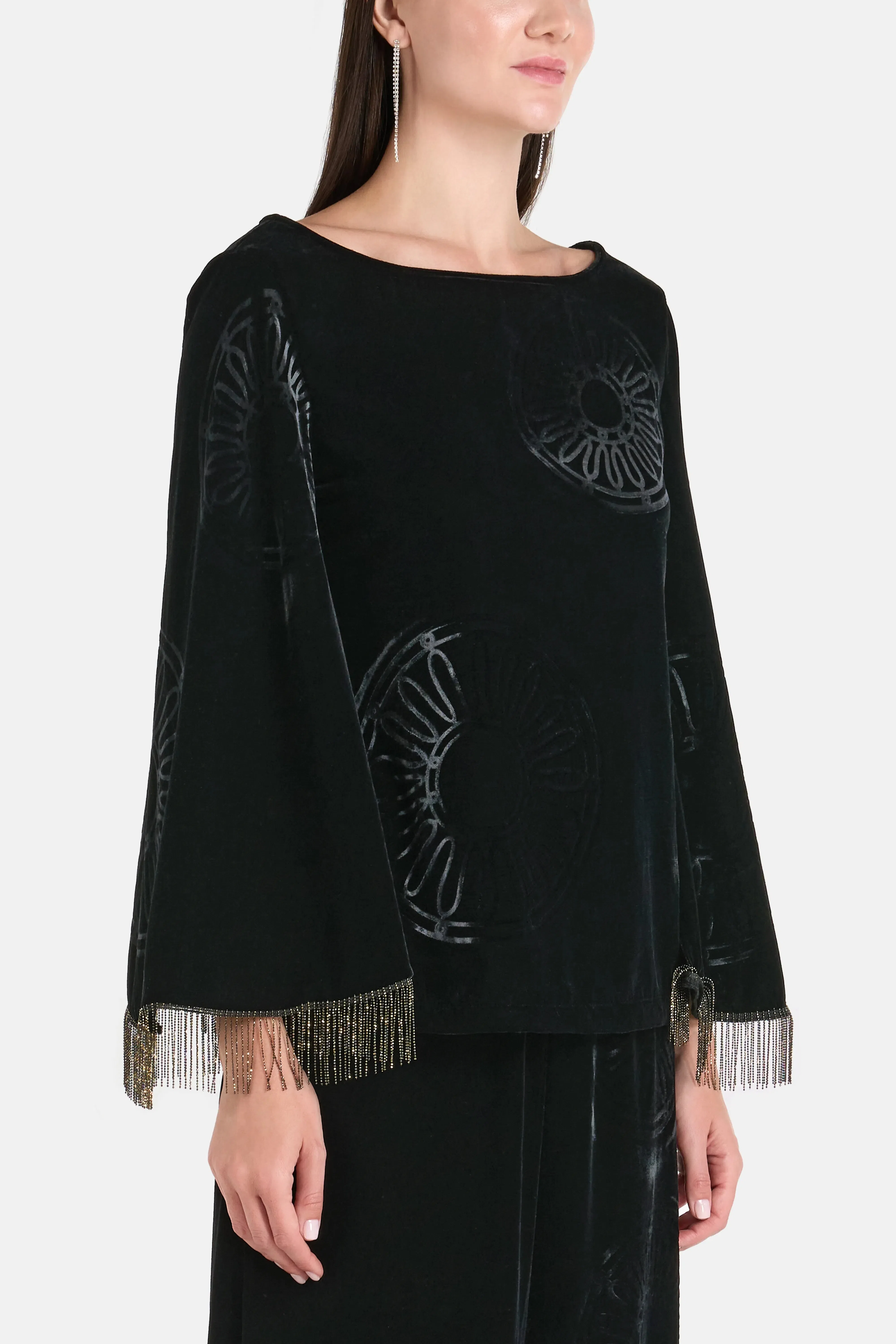 Themis Z Kyma Silk Velvet Blend Embellished Open Back Blouse in Black