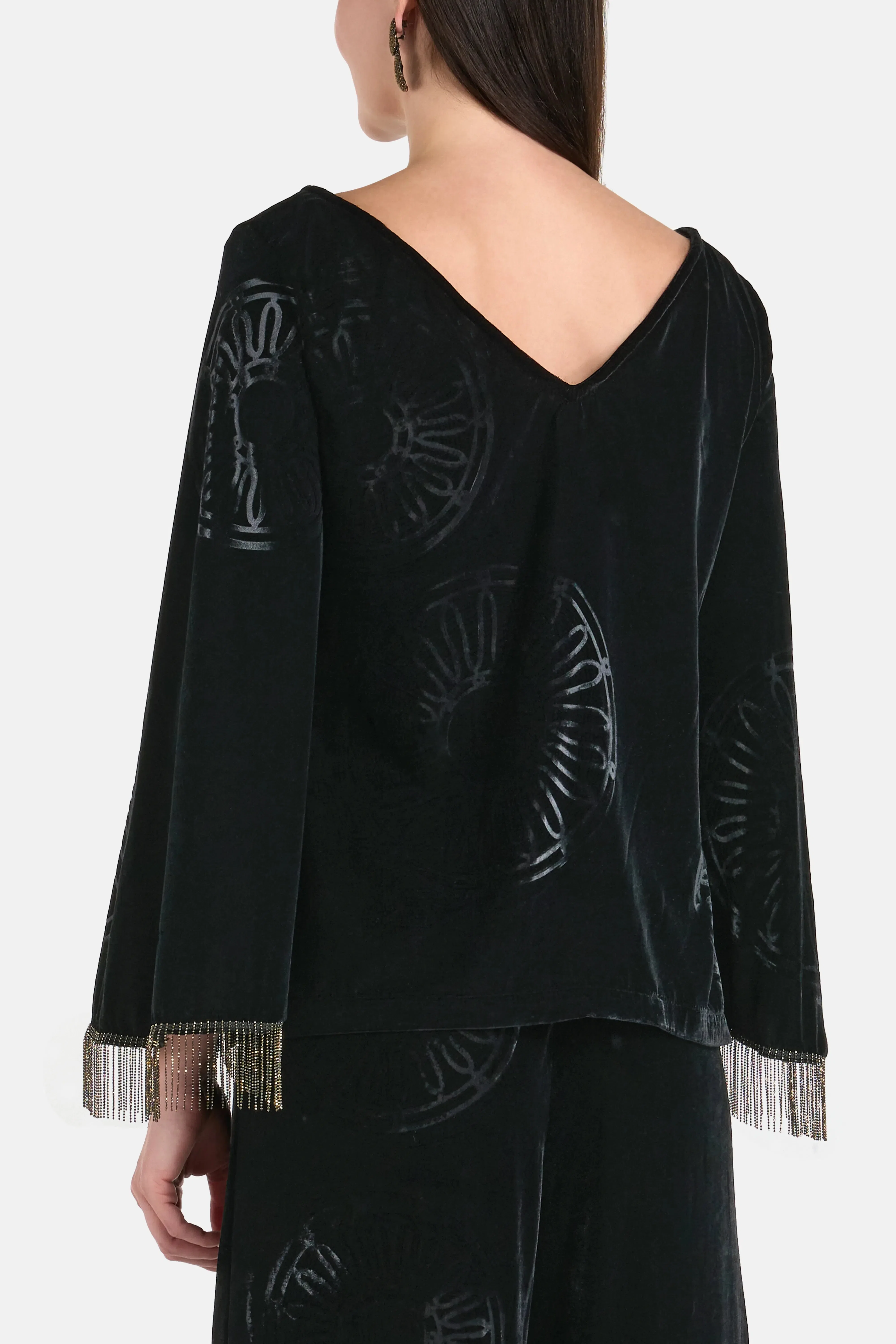 Themis Z Kyma Silk Velvet Blend Embellished Open Back Blouse in Black