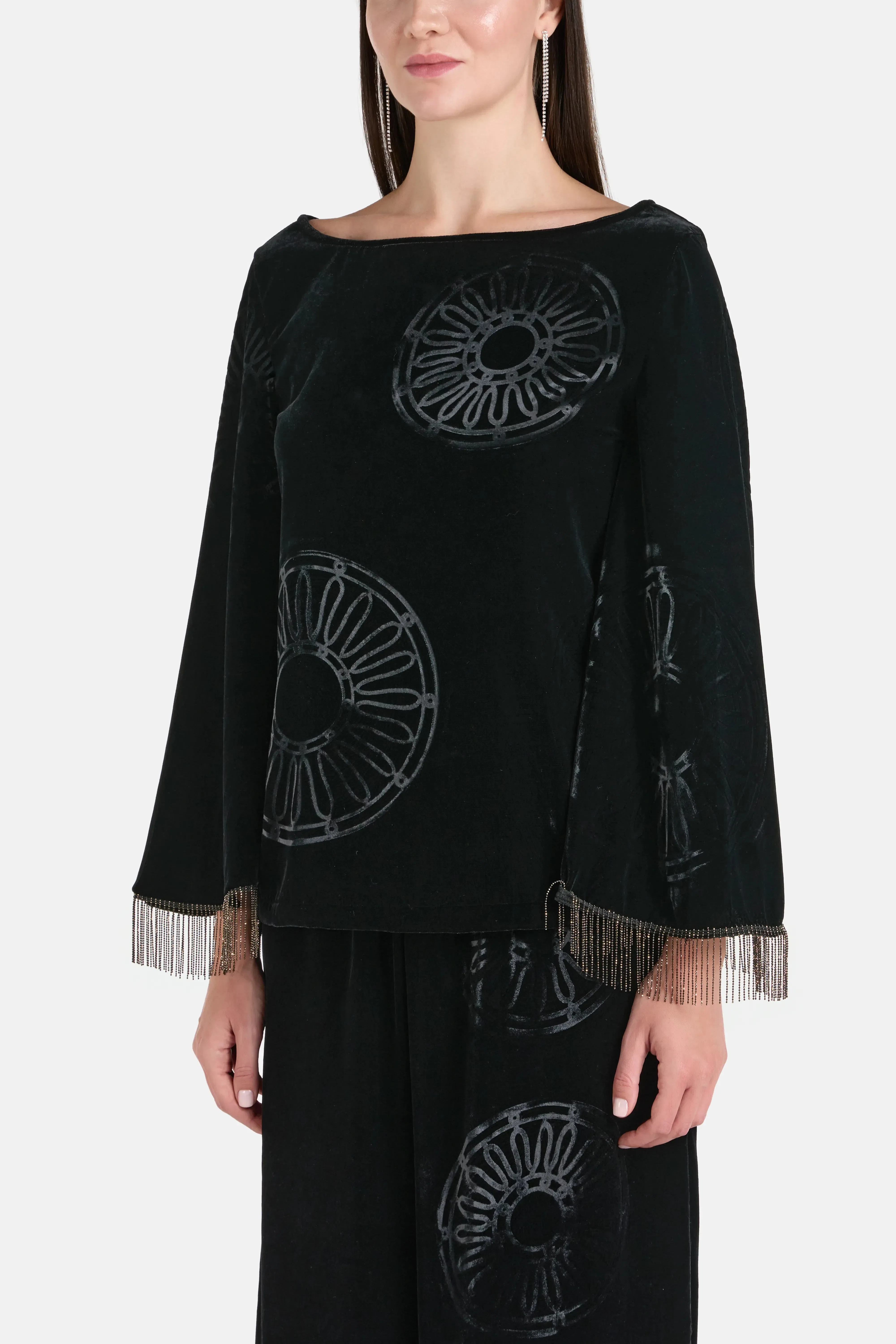 Themis Z Kyma Silk Velvet Blend Embellished Open Back Blouse in Black